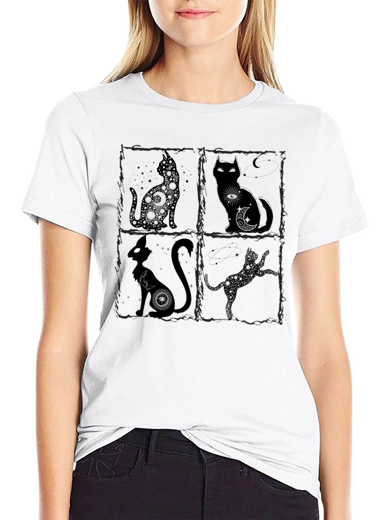Black Mystical Cat T-Shirt - Black Crew Neck view 9