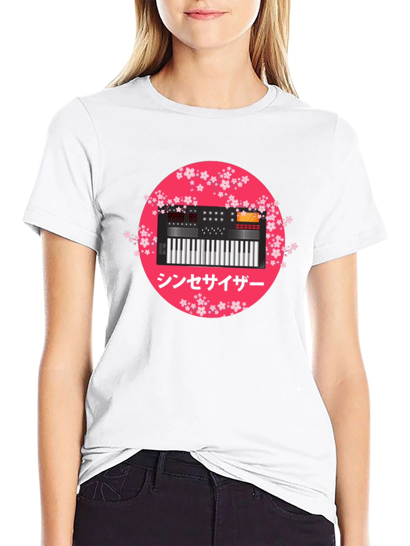 Black Synthesizer Sakura Graphic Tee view 9