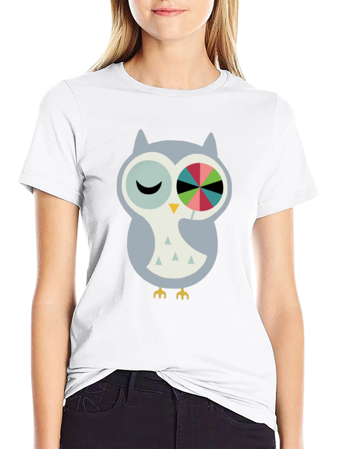 Black Whimsical Owl Graphic Tee - Cotton Blend Comfort view 9