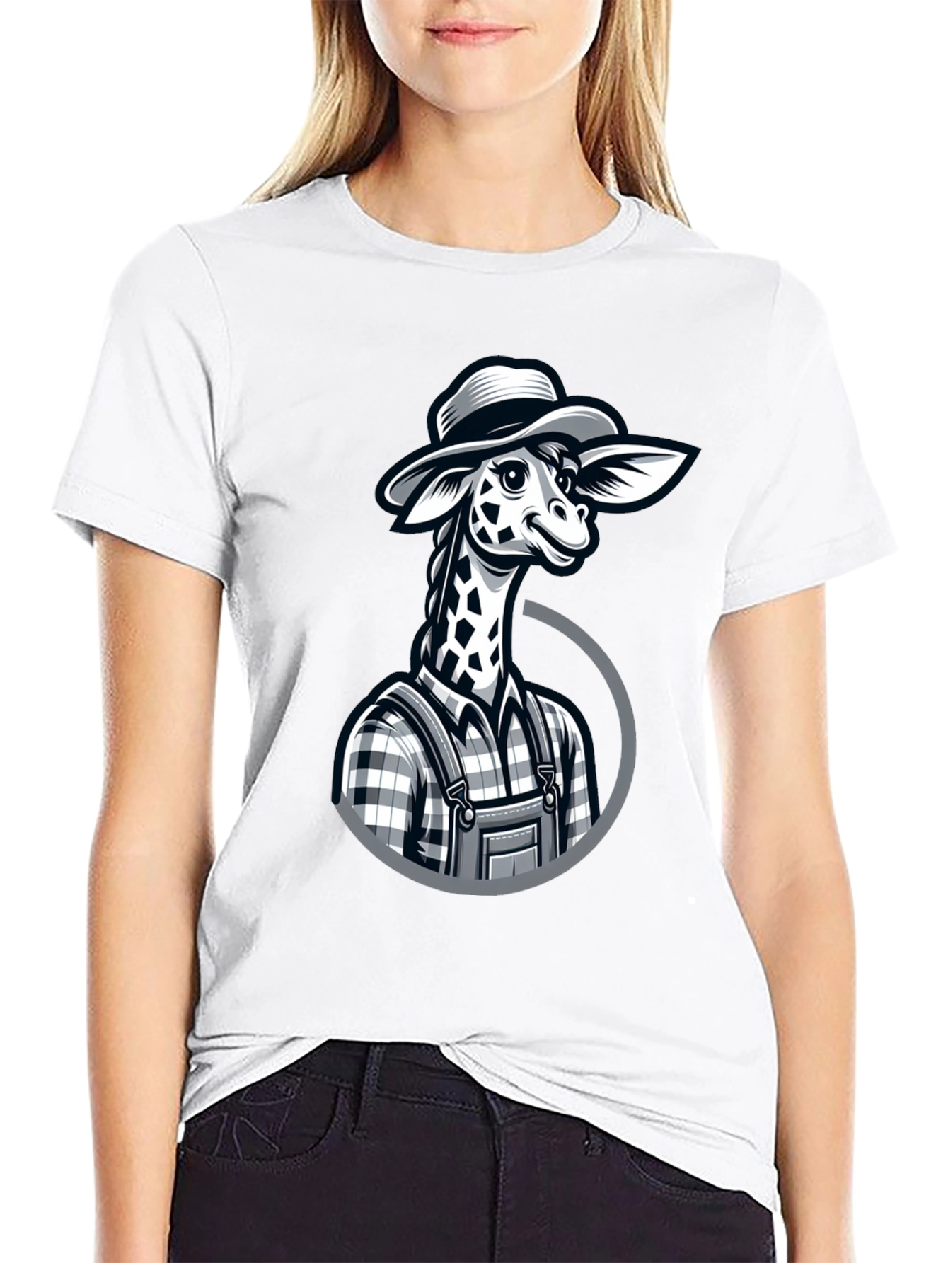 Black Giraffe Farmer Graphic Tee - Novelty Cartoon Animal Shirt view 9