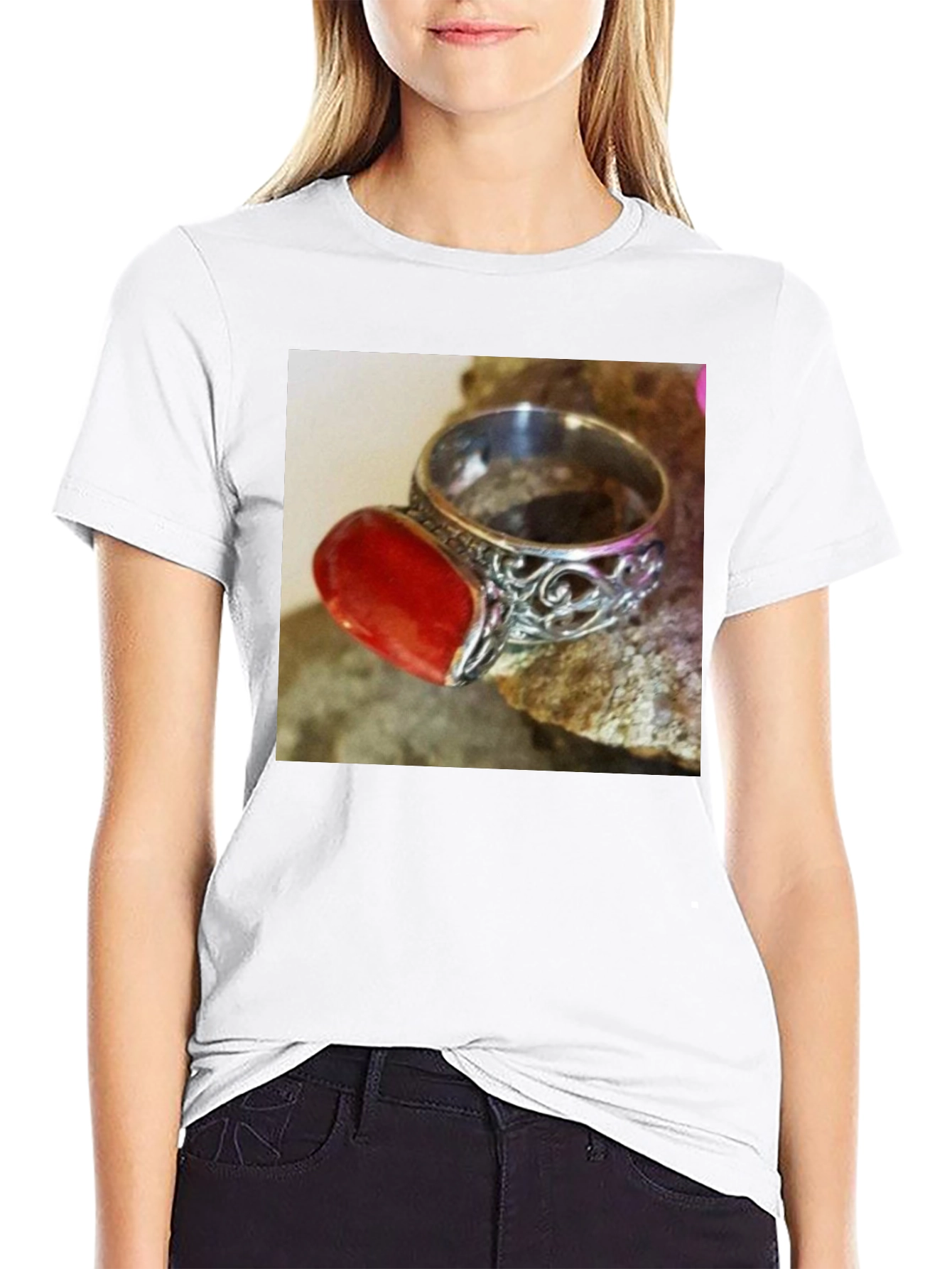 Black Coral Gemstone Ring on Black T-Shirt view 9