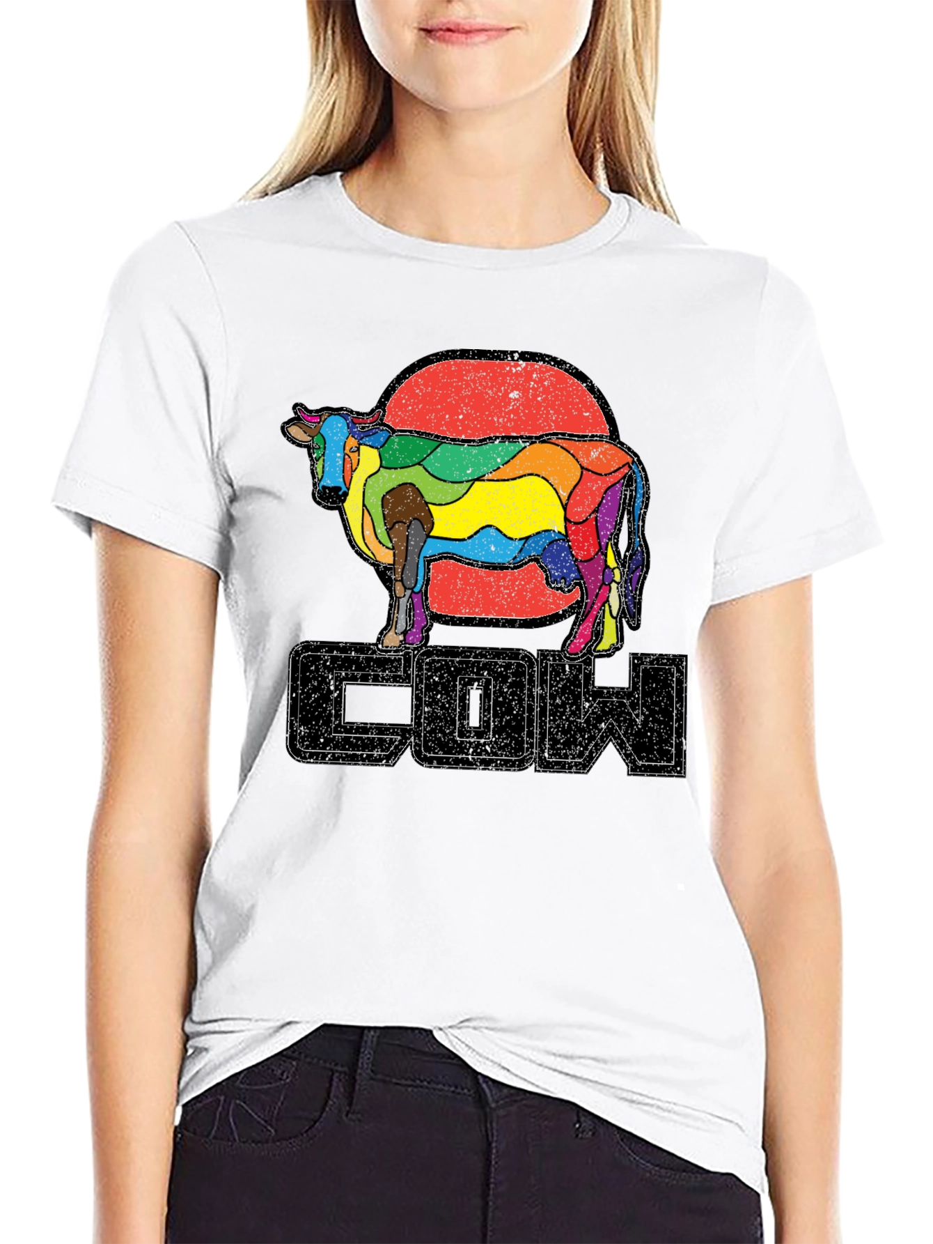 Black Retro Rainbow Cow Graphic T-Shirt view 9