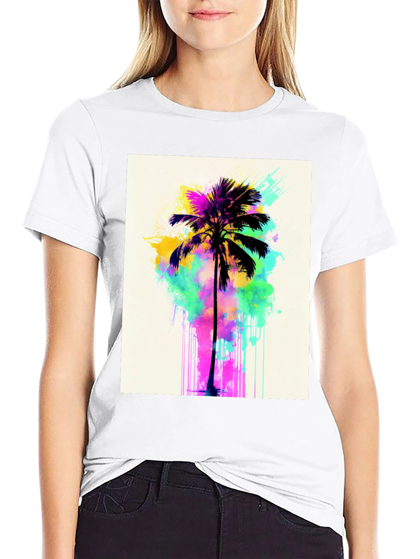 Black Vibrant Palm Tree Graphic Tee - Black Cotton T-Shirt view 9