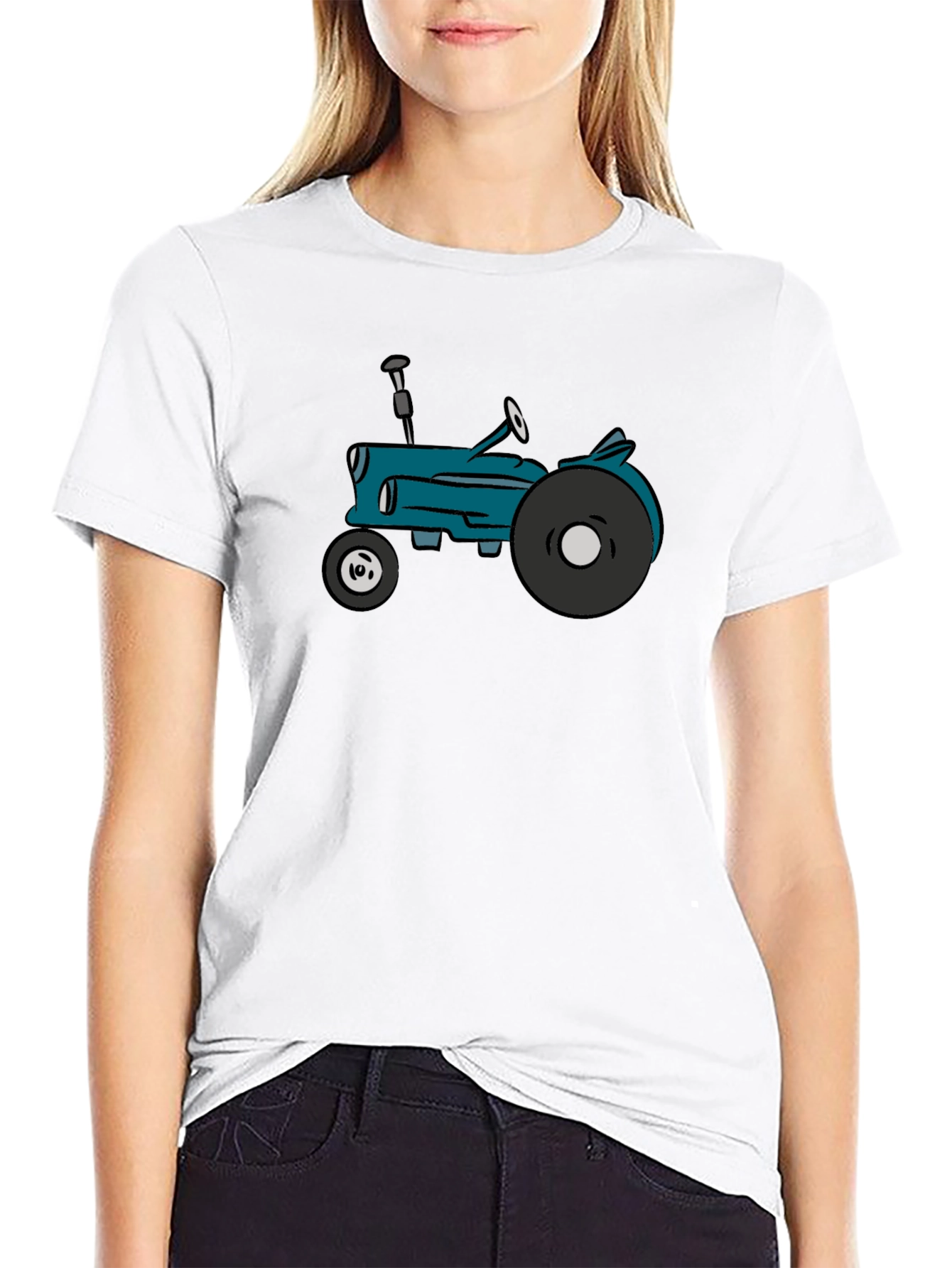 Black Cartoon Tractor Graphic Tee - Black Cotton T-Shirt view 9