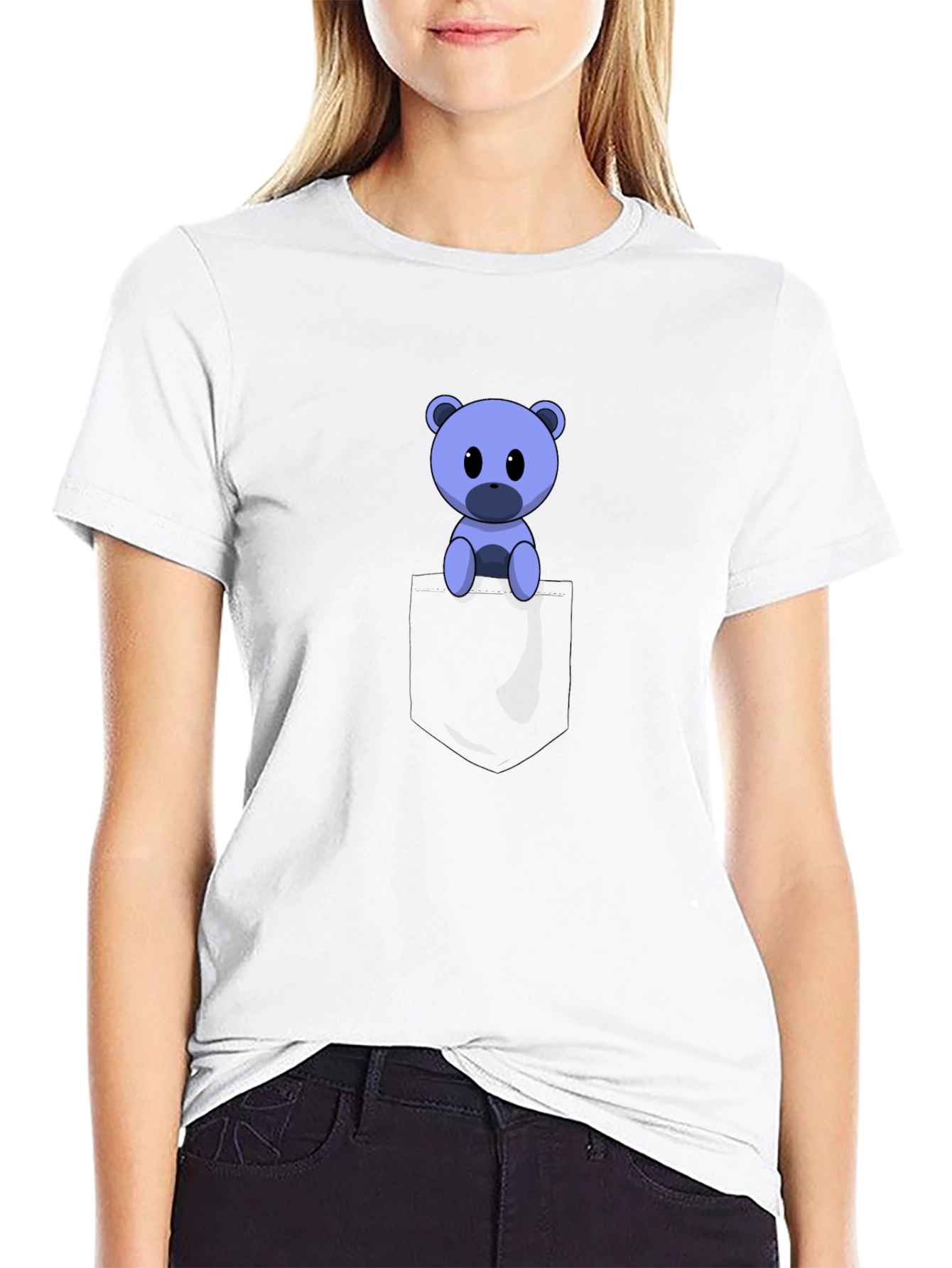 Black Cute Cartoon Bear in Pocket Black T-Shirt view 9