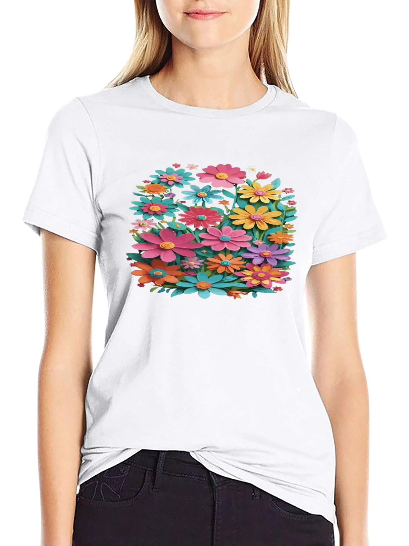 Black Floral T-Shirt - Black, Colorful Flower Design view 9