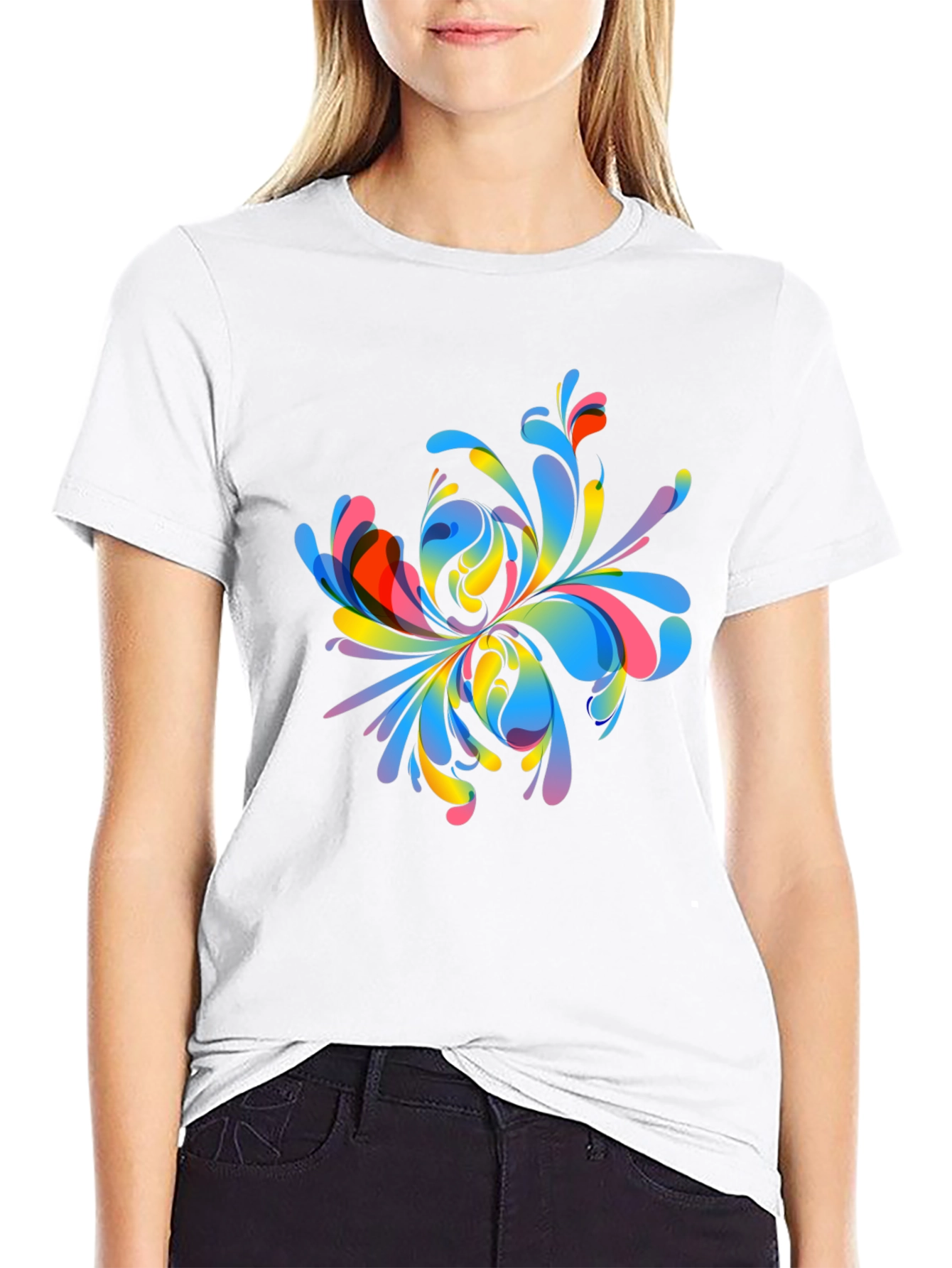 Black Colorful Abstract Floral Graphic Print T-Shirt view 9