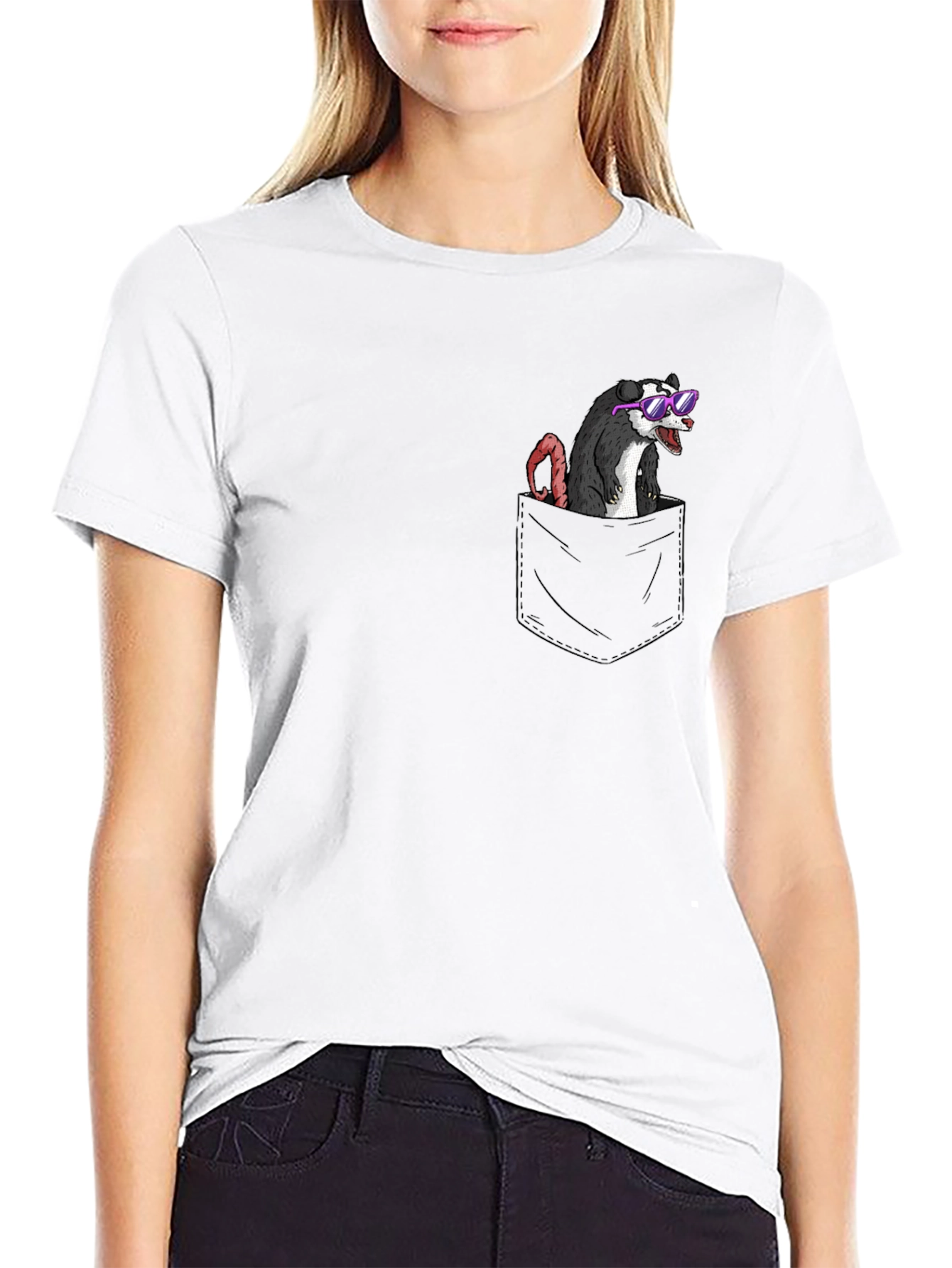 Black Cool Opossum Pocket T-Shirt - Funny Animal Graphic Tee view 9