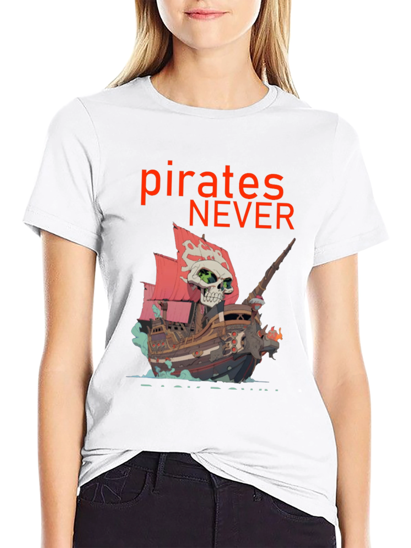 Black Pirates Never Back Down T-Shirt - Skull Ship Design view 9