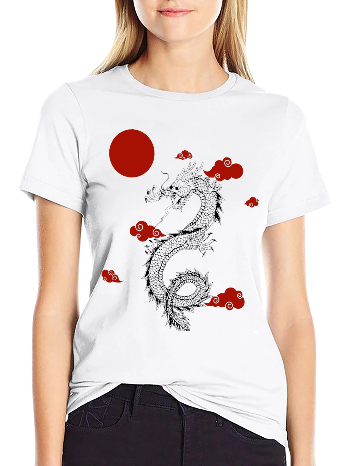 Black Dragon & Clouds Graphic Tee - Red Moon - Black Shirt view 9