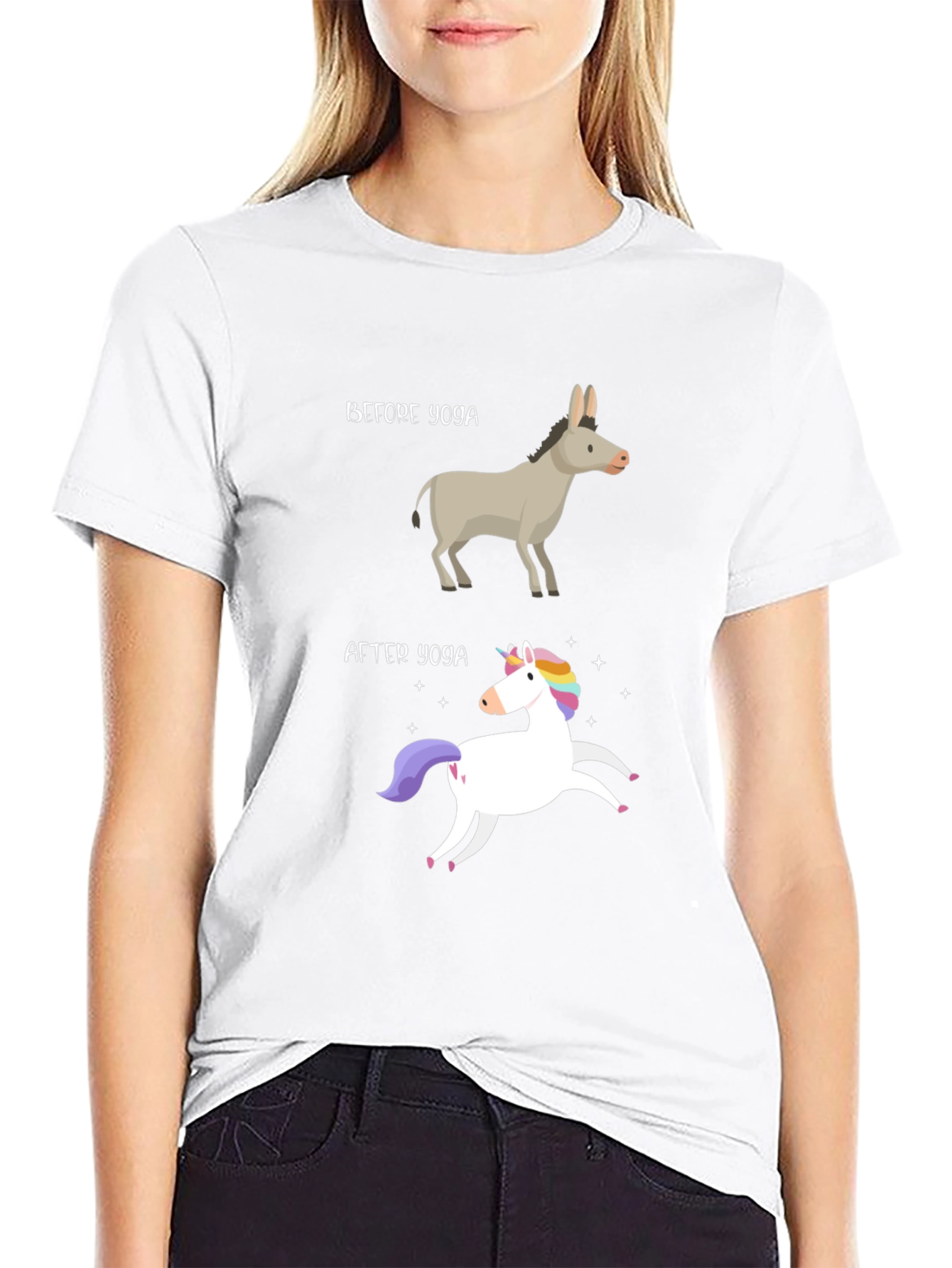Black Yoga Humor T-Shirt - Donkey to Unicorn Transformation view 9