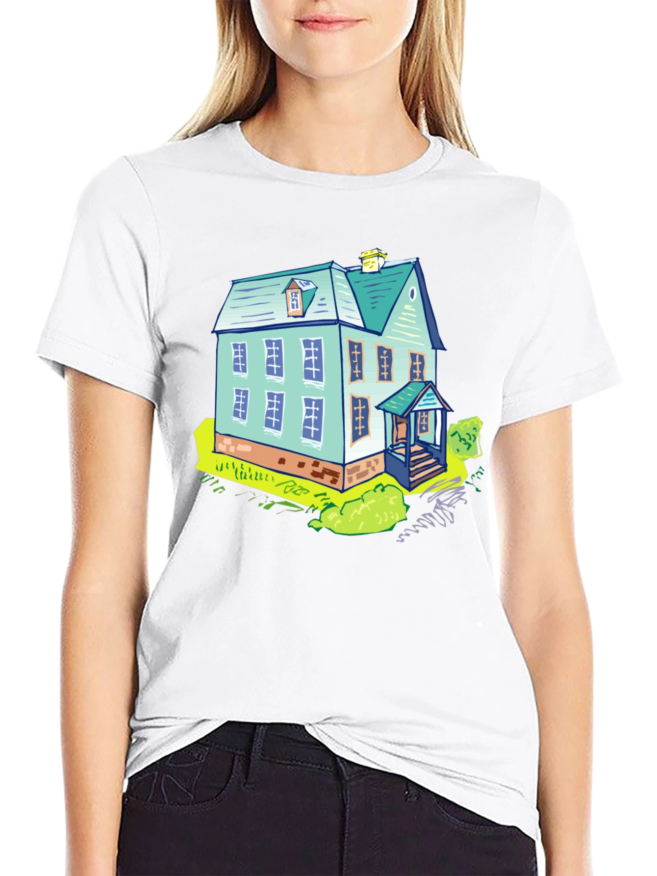 Black Cartoon House Graphic Tee - Black Cotton T-Shirt view 9