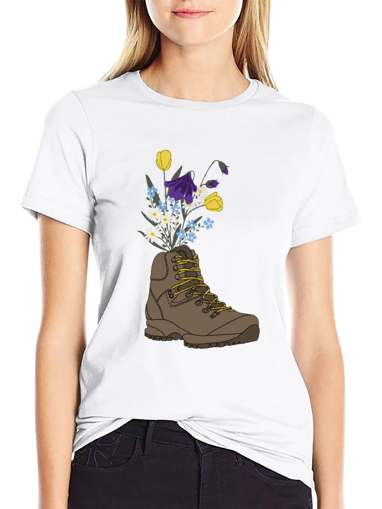 Black Floral Hiking Boot Graphic T-Shirt view 9