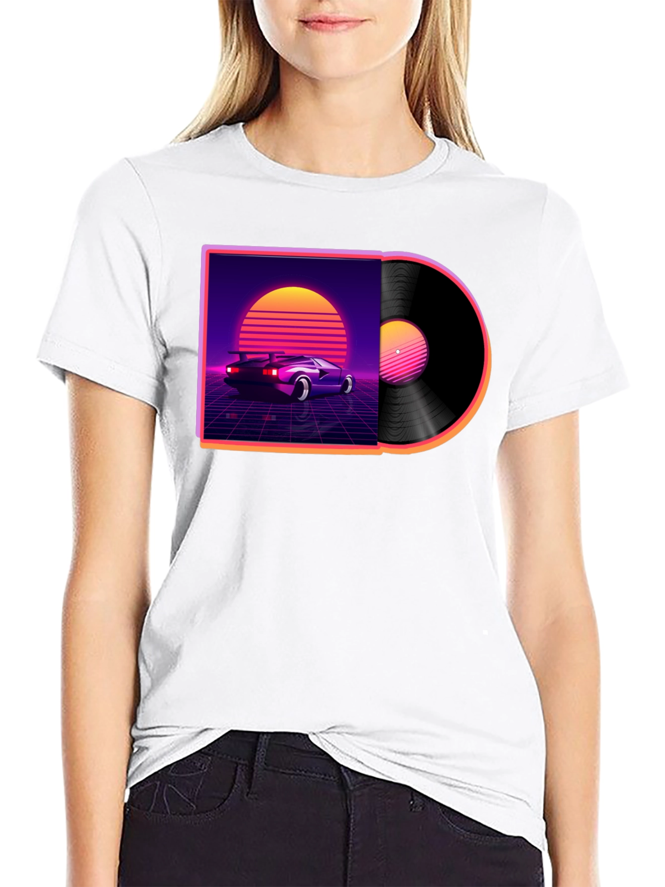 Black Retro Wave Vinyl T-Shirt - Classic Car Design view 9