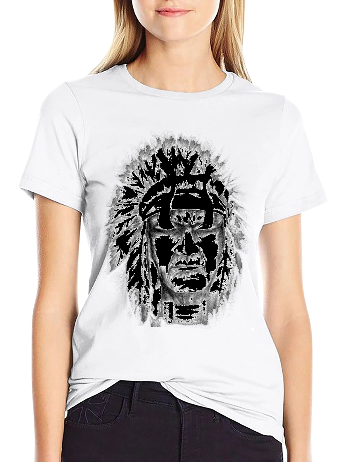 Black Graphic Tee: Native American Headdress Design view 9