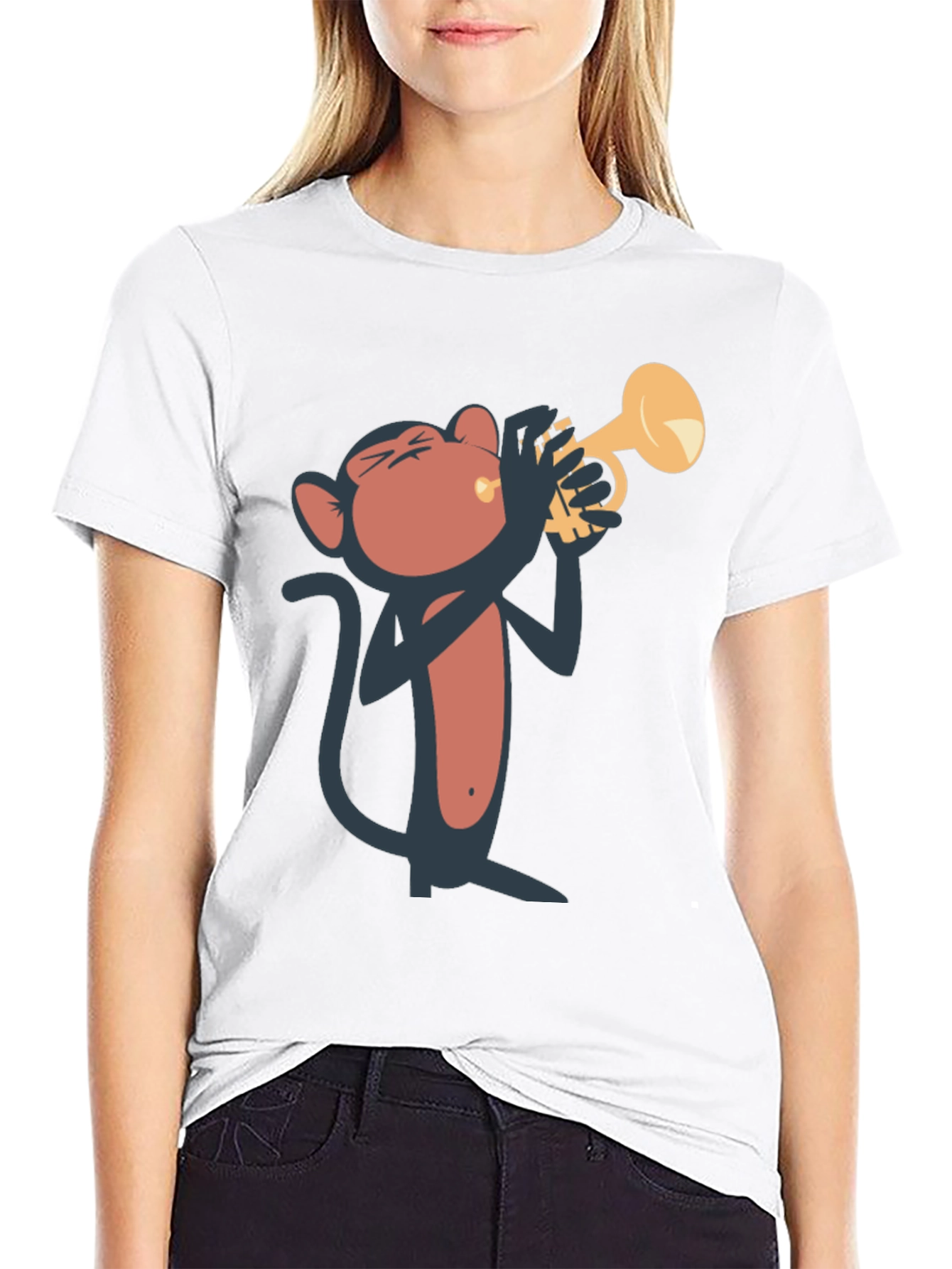 Black Monkey Playing Trumpet Graphic Tee - Black Cotton T-Shirt view 9