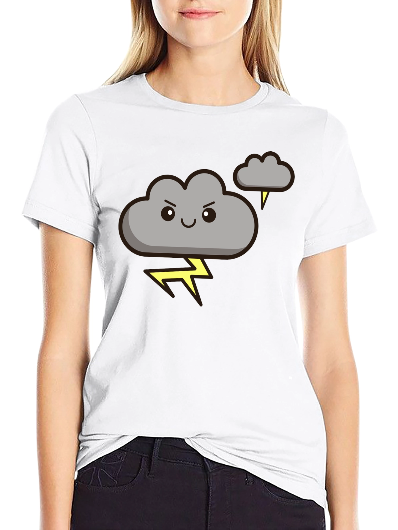 Black Cartoon Cloud Lightning Graphic Tee - Black view 9