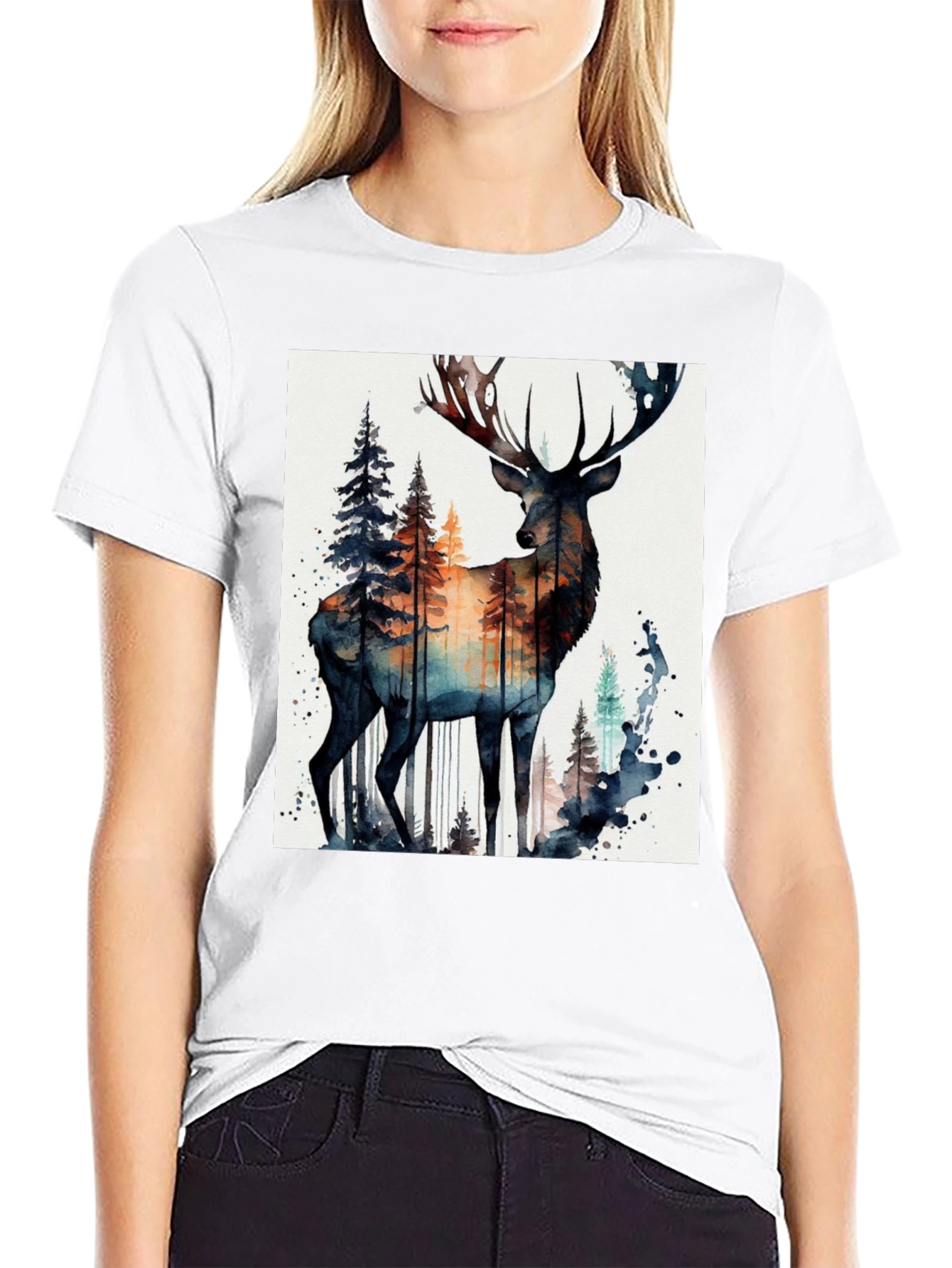 Black Deer Forest Watercolor Graphic Tee view 9