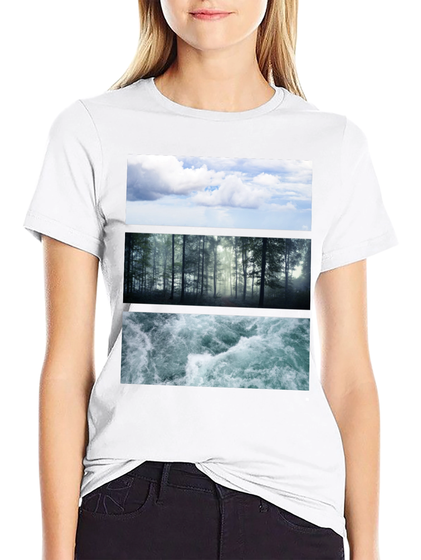 Black Nature Collage T-Shirt: Sky, Forest, Water Graphic Tee view 9