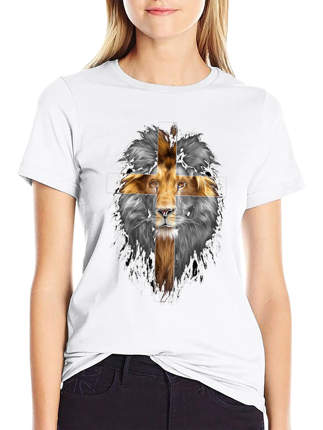 Black Lion Cross Graphic Print Black T-Shirt view 9