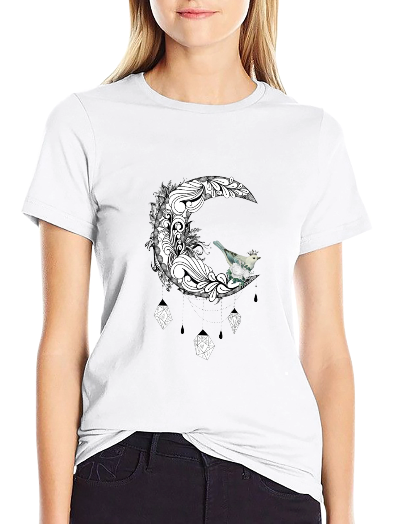 Black Black T-Shirt with Moon and Bird Graphic view 9