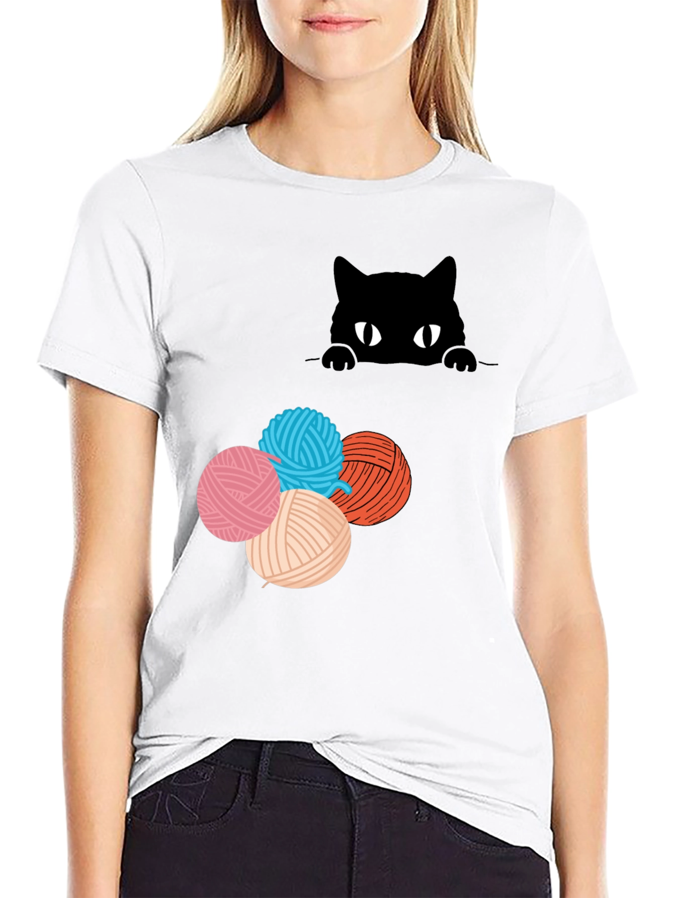 Black Cat Peek Yarn Ball T-Shirt view 9