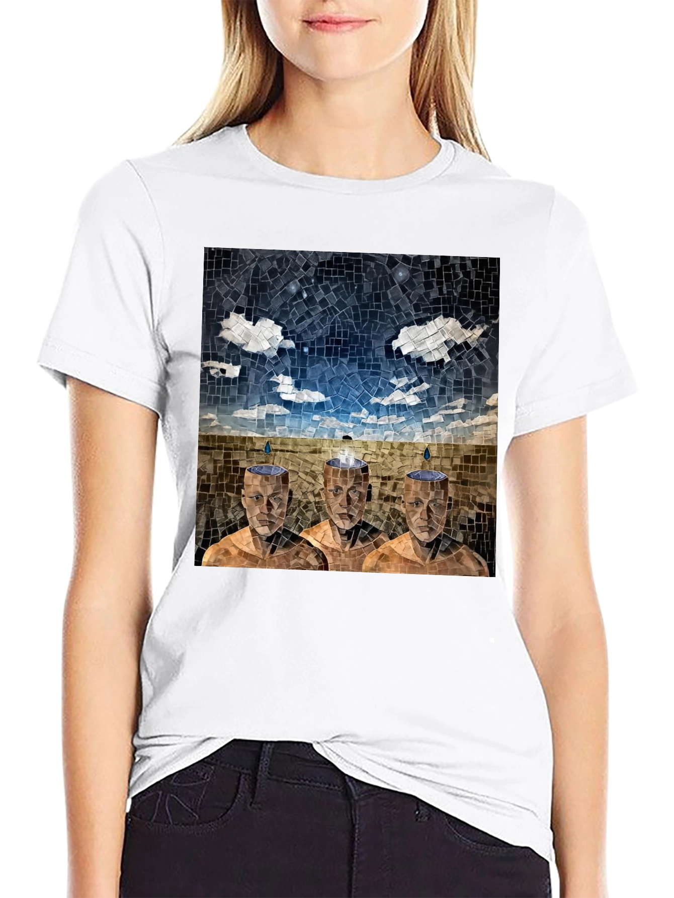 Black Mosaic Heads T-Shirt - Surreal Artistic Design view 9