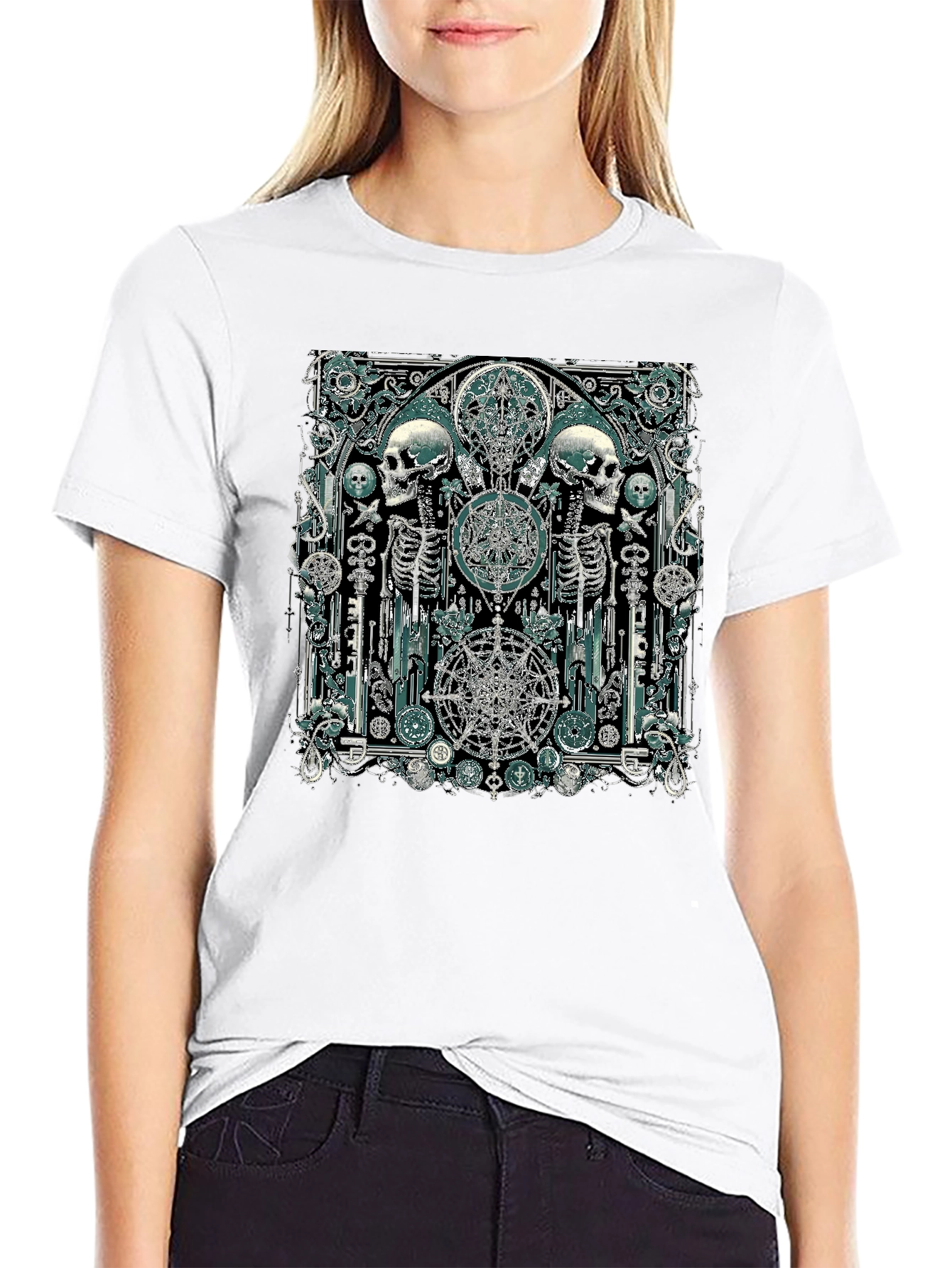 Black Skull & Skeleton Gothic Graphic T-Shirt view 9