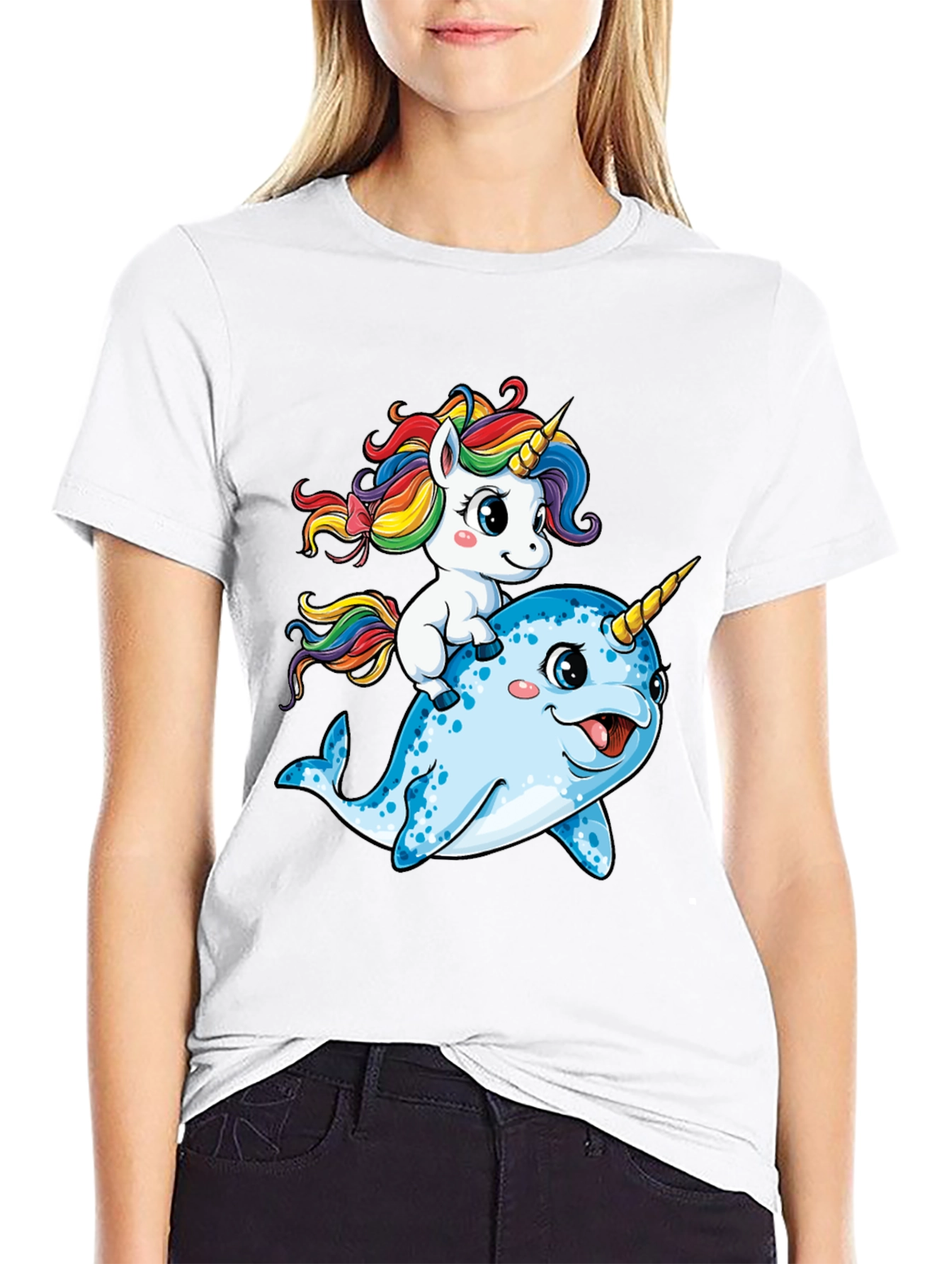 Black Unicorn Riding Narwhal T-Shirt view 9