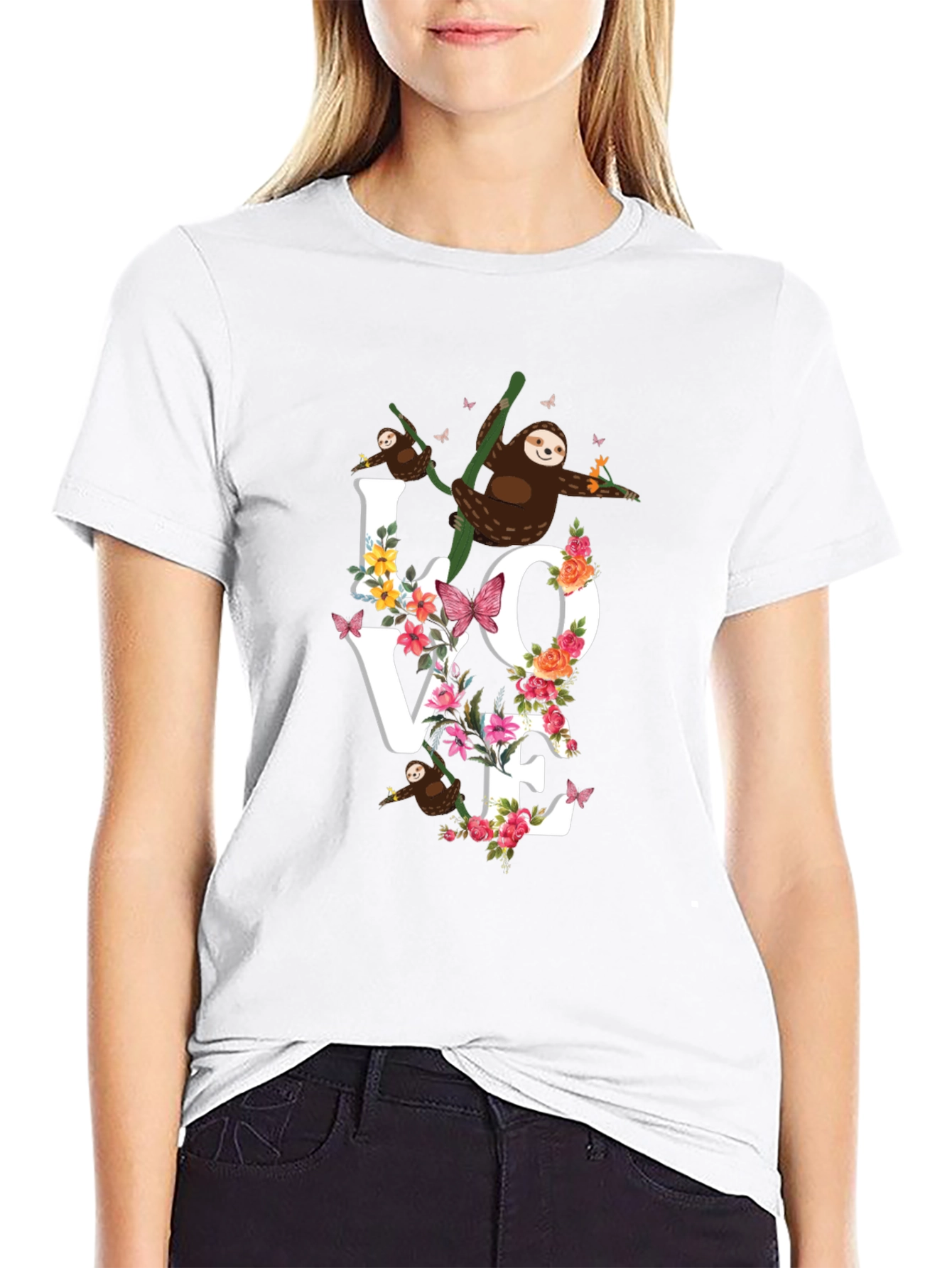 Black Sloth Love Floral Graphic T-Shirt view 9