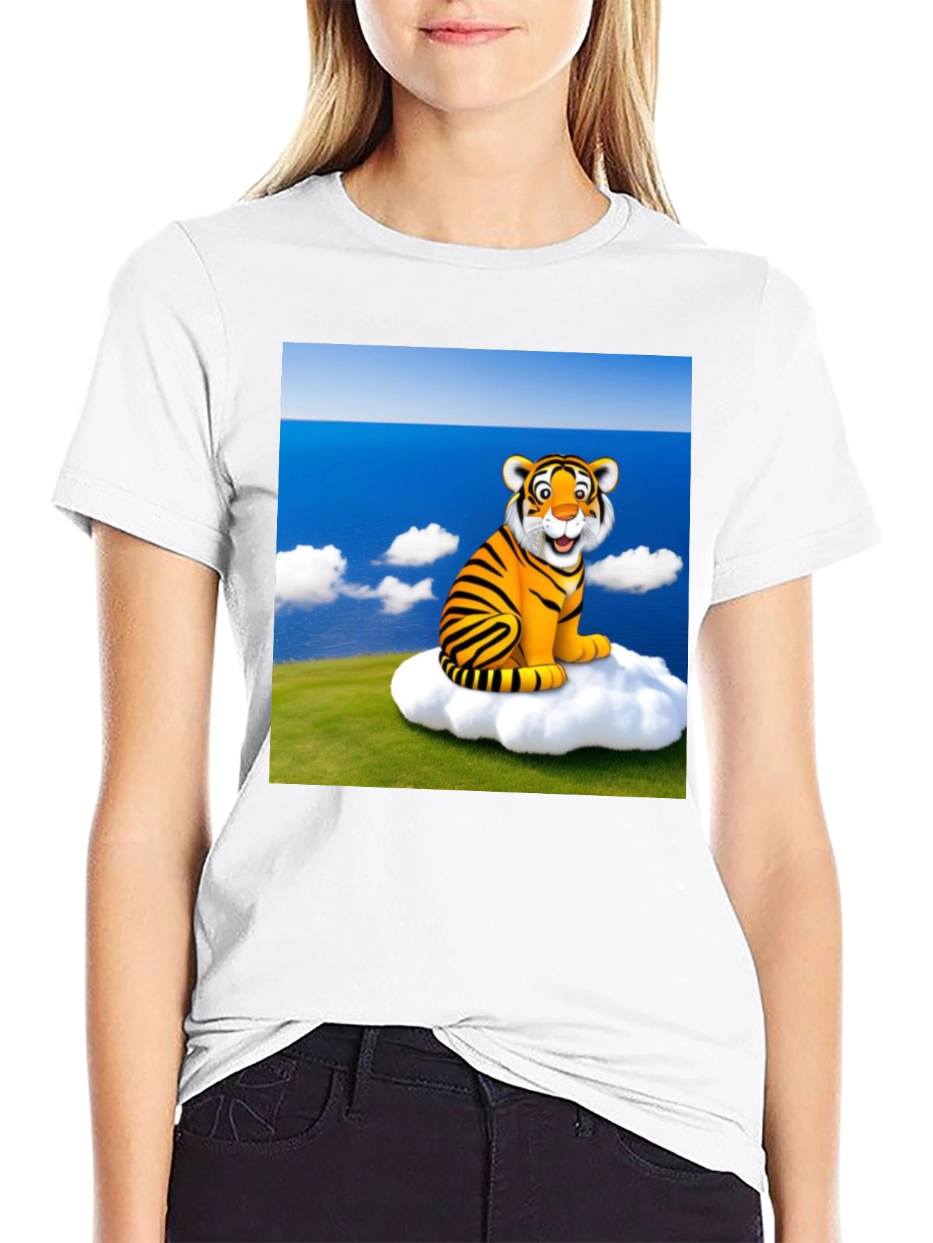 Black Cartoon Tiger on Cloud Black T-Shirt view 9