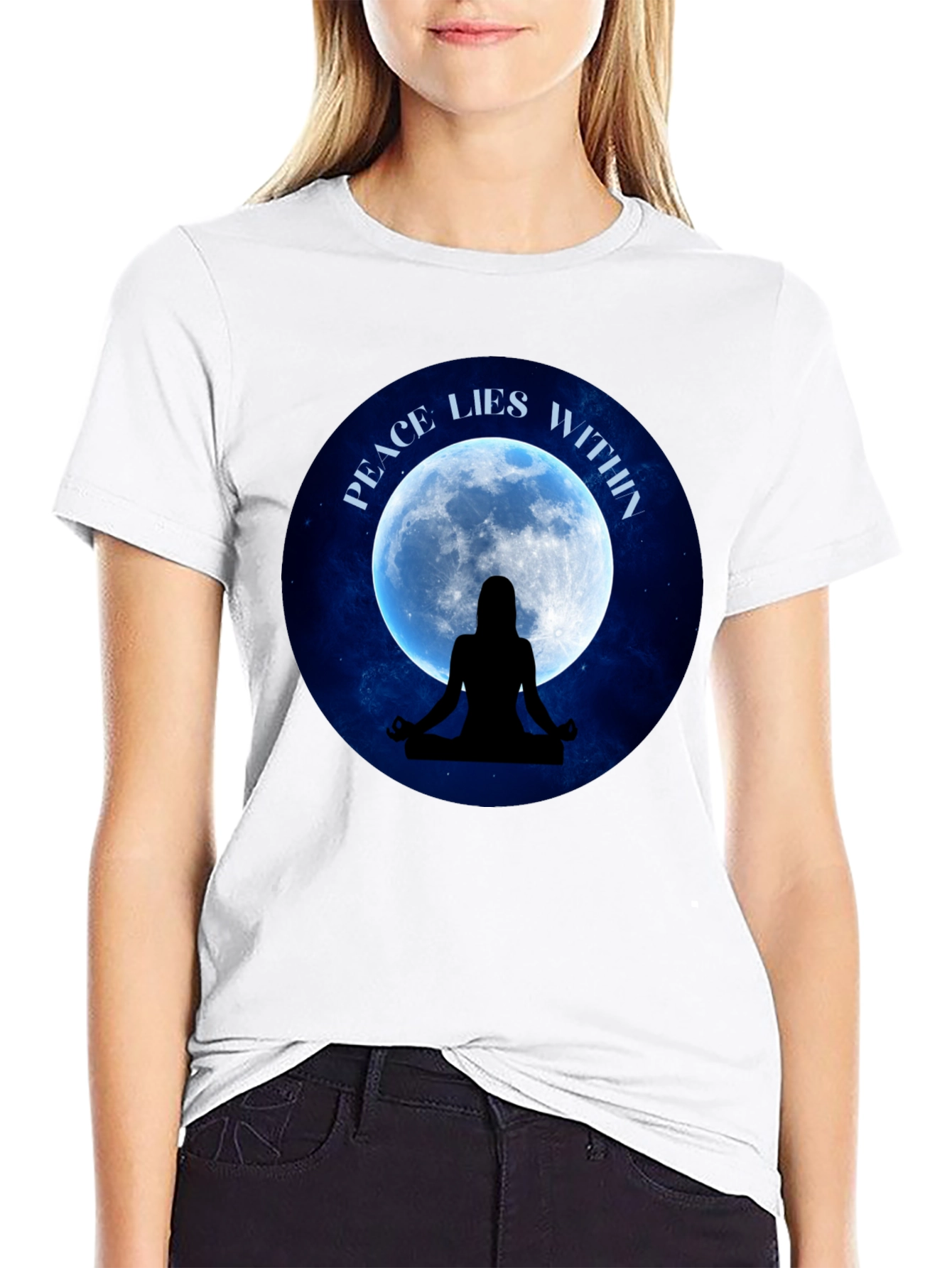 Black Peace Within T-Shirt - Meditating Silhouette Moon Graphic Tee view 9