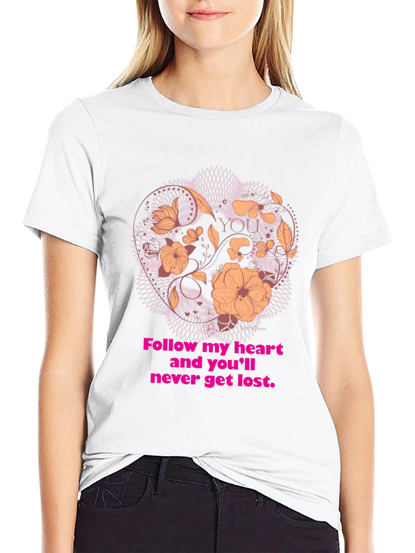 Black Floral Heart T-Shirt - Follow Your Heart Design view 9
