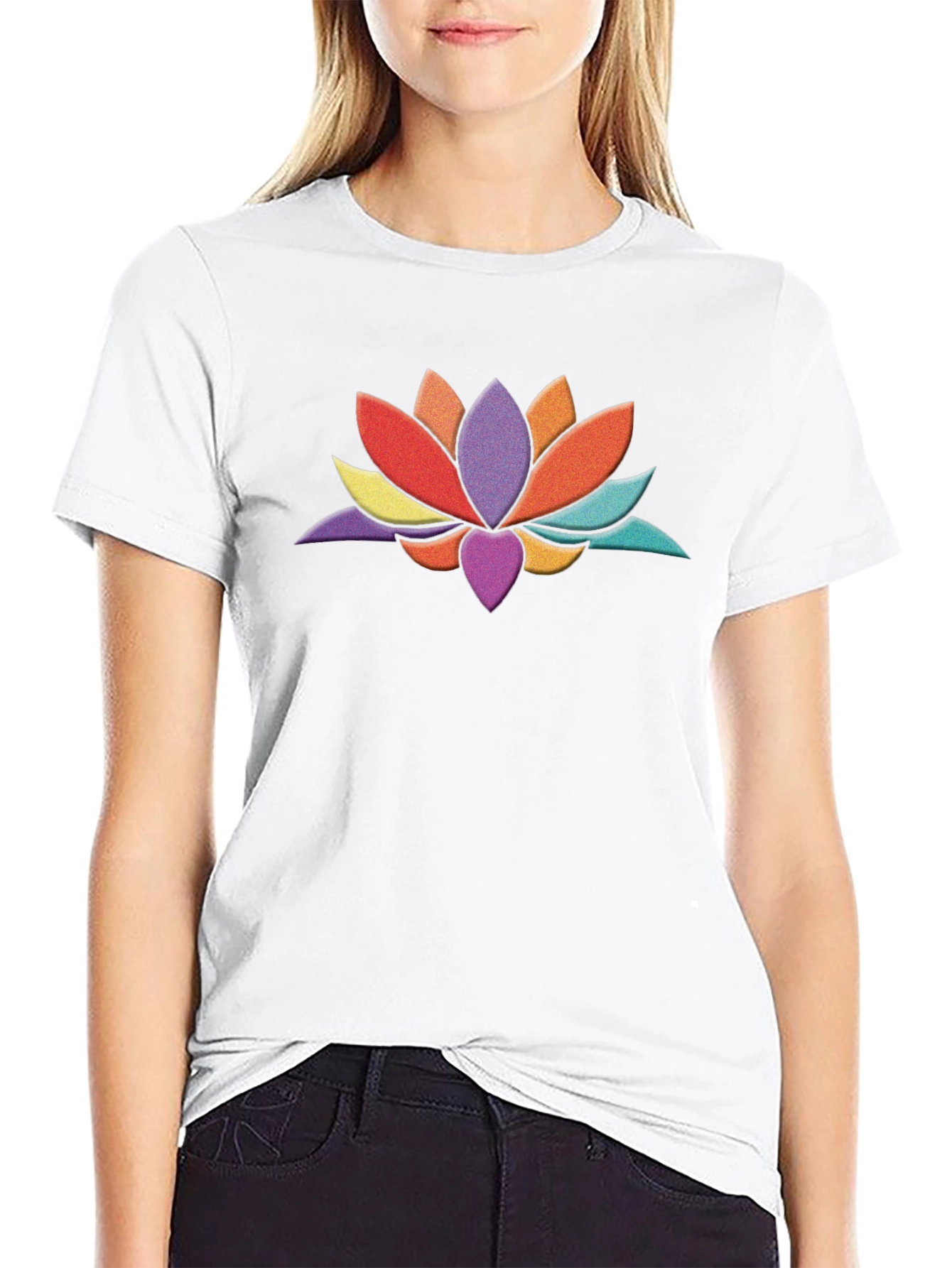 Black Colorful Lotus Flower Graphic Black T-Shirt view 9