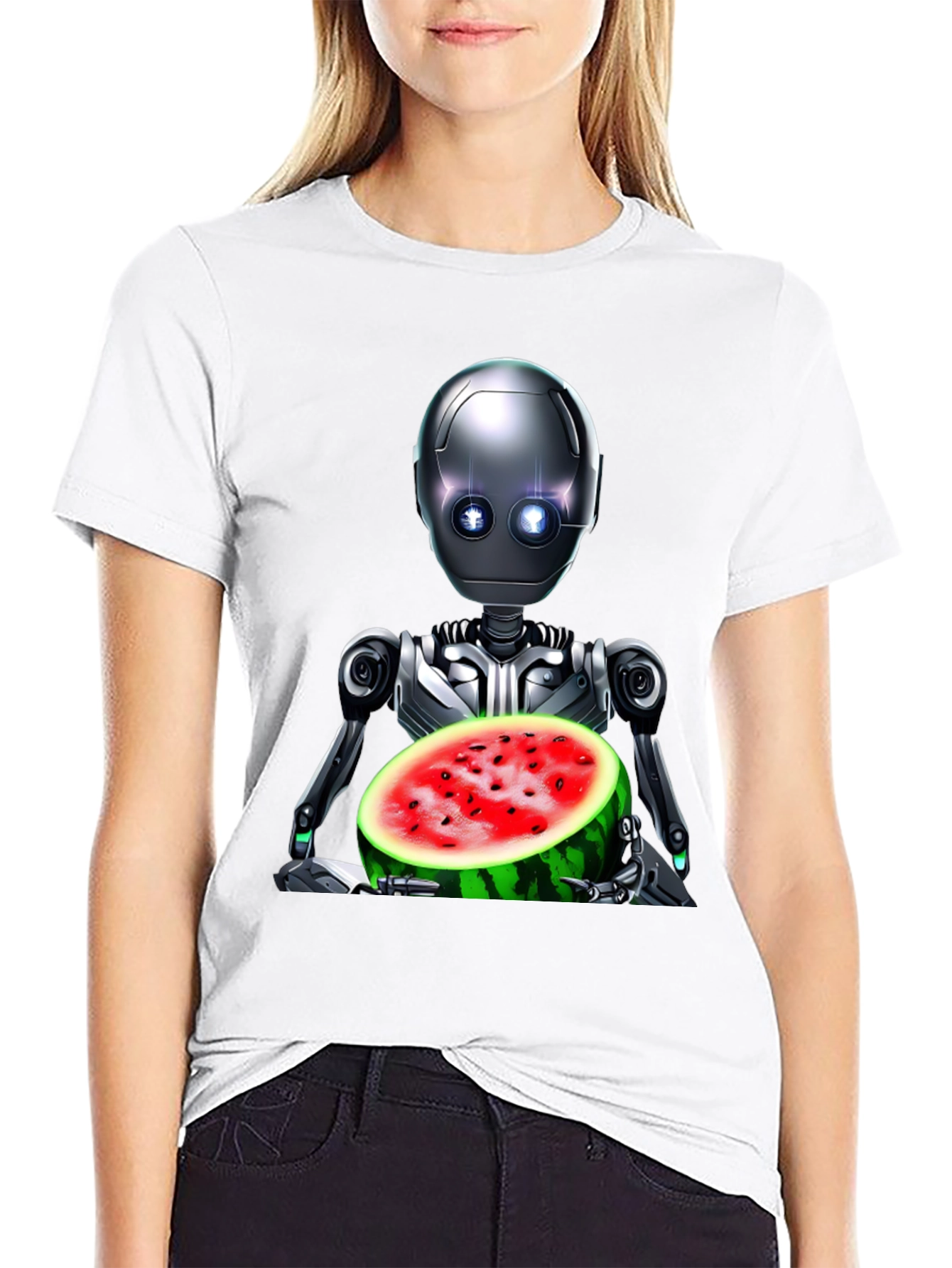 Black Robot with Watermelon Graphic Tee view 9