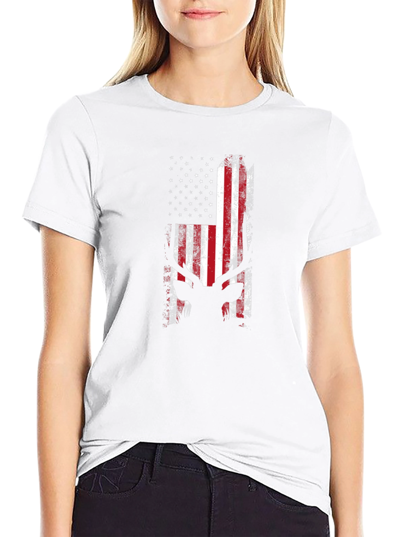 Black American Flag Deer Silhouette T-Shirt view 9