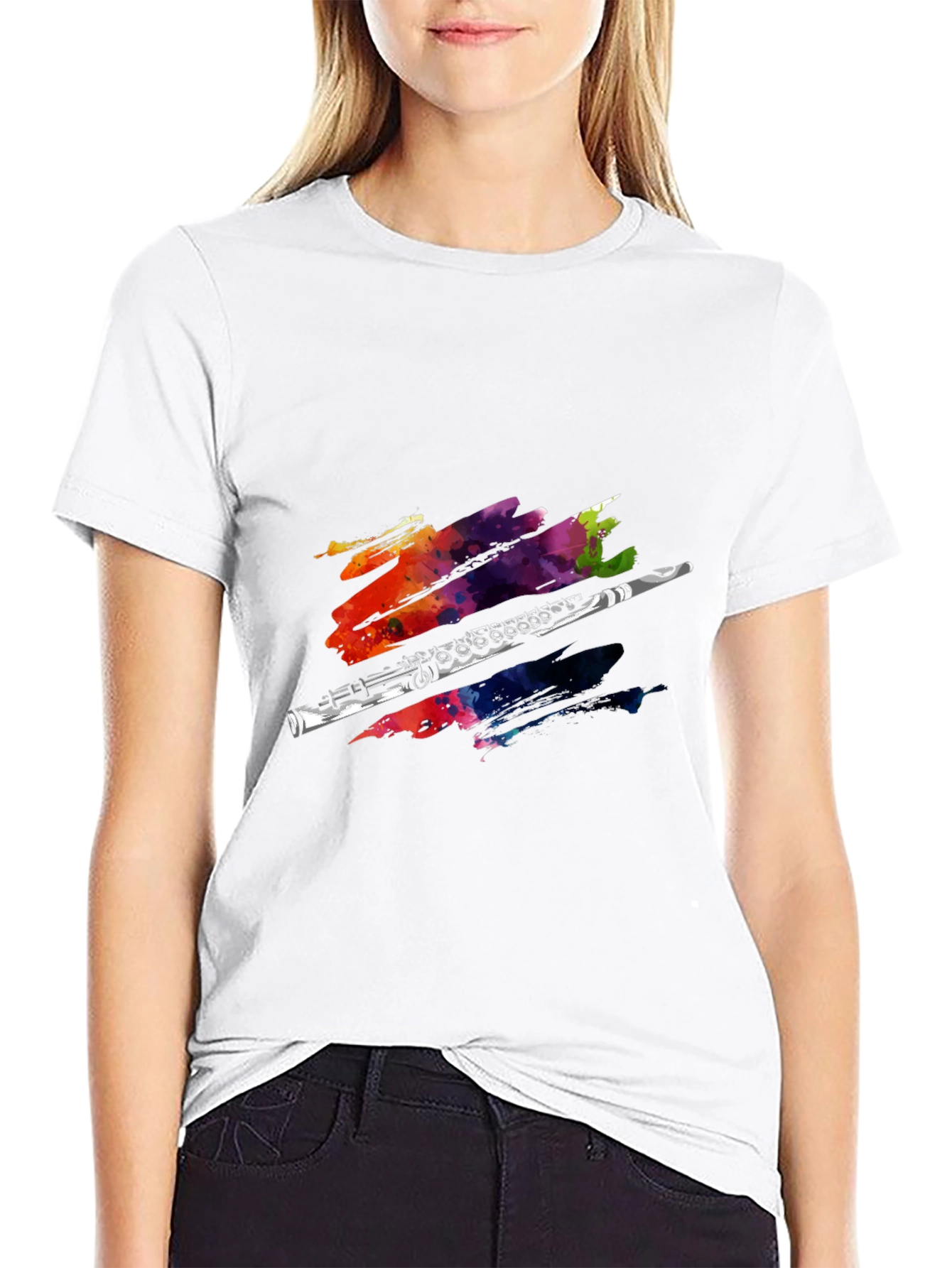 Black Flute Watercolor Graphic Print T-Shirt view 9