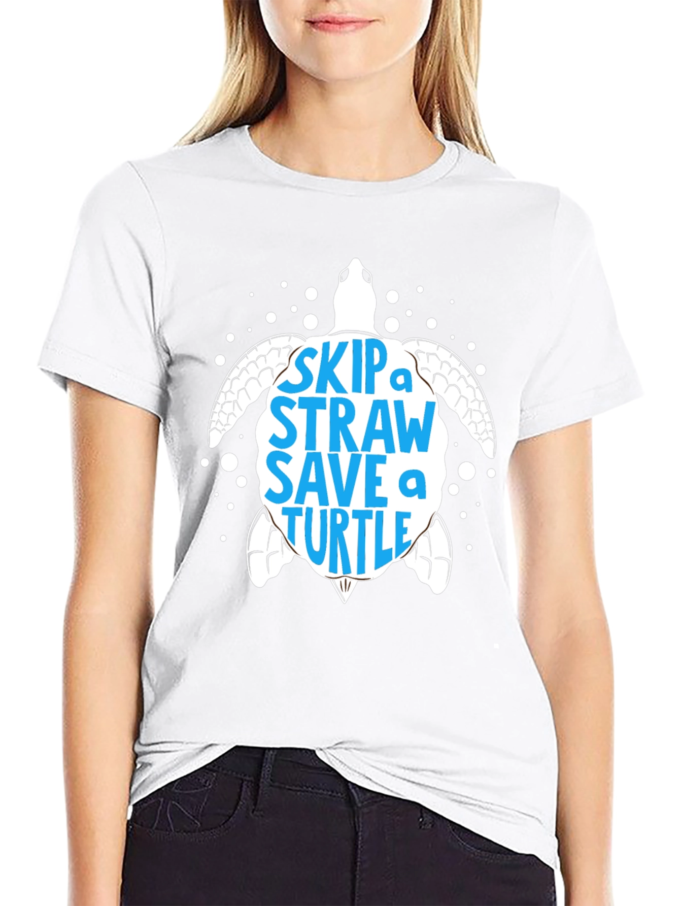 Black Skip a Straw Save a Turtle Graphic Tee - Eco-Friendly view 9
