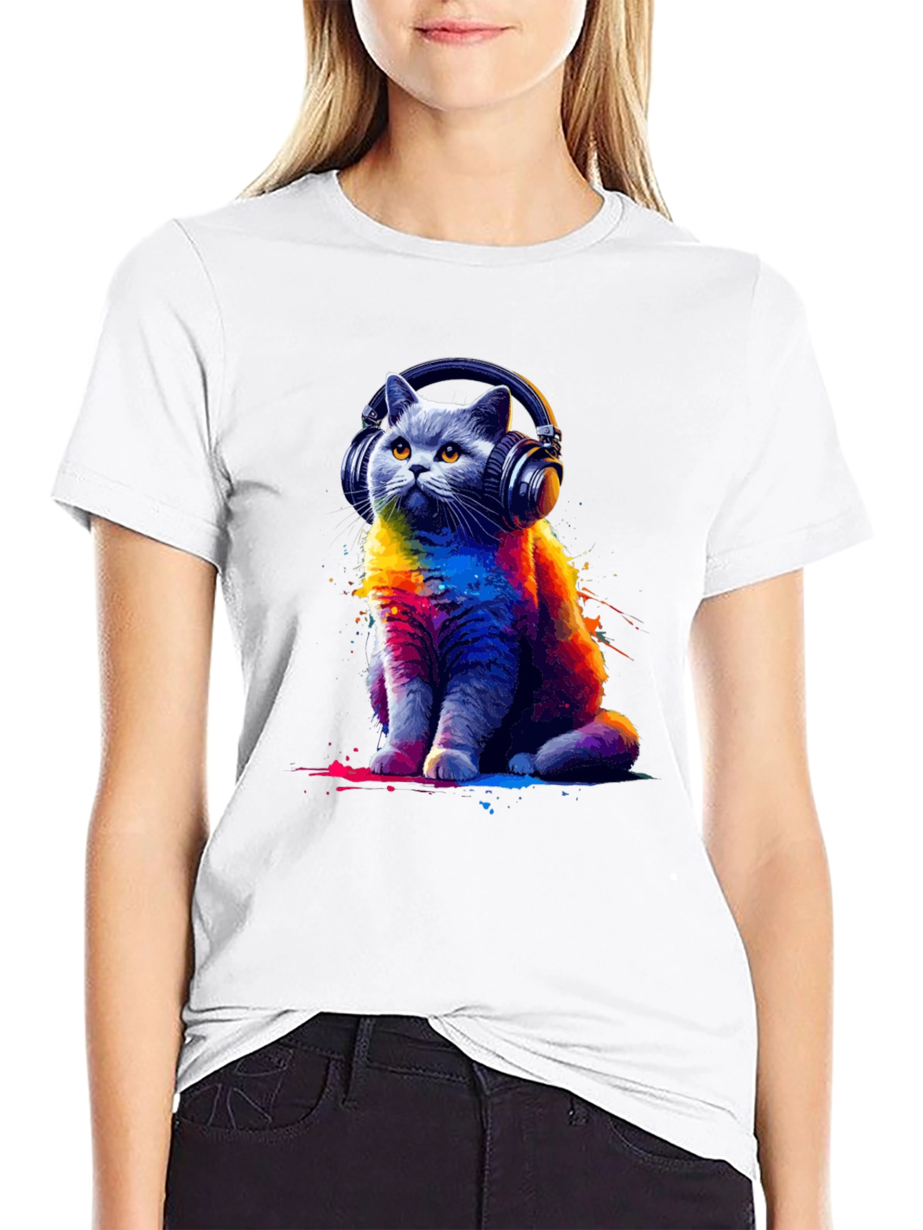 Black Cool Cat Headphones T-Shirt - Colorful Graphic Tee view 9