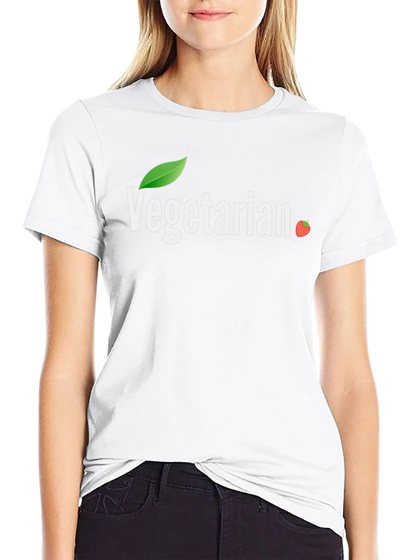 Black Vegetarian T-Shirt - Leaf & Strawberry Design view 9