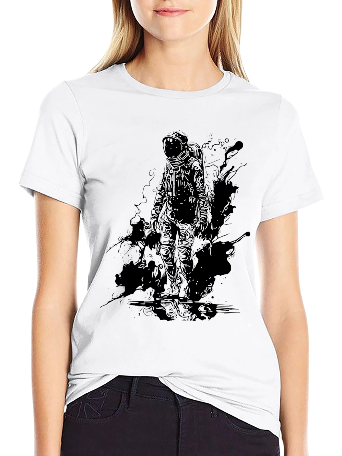Black Astronaut Graphic Tee - Black Crew Neck Cotton T-Shirt view 9