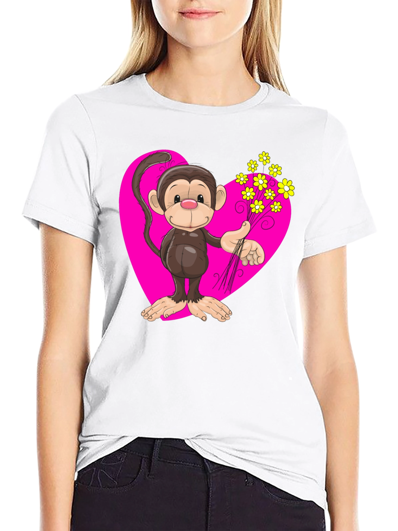 Black Monkey Love T-Shirt - Cartoon Heart Flowers view 9