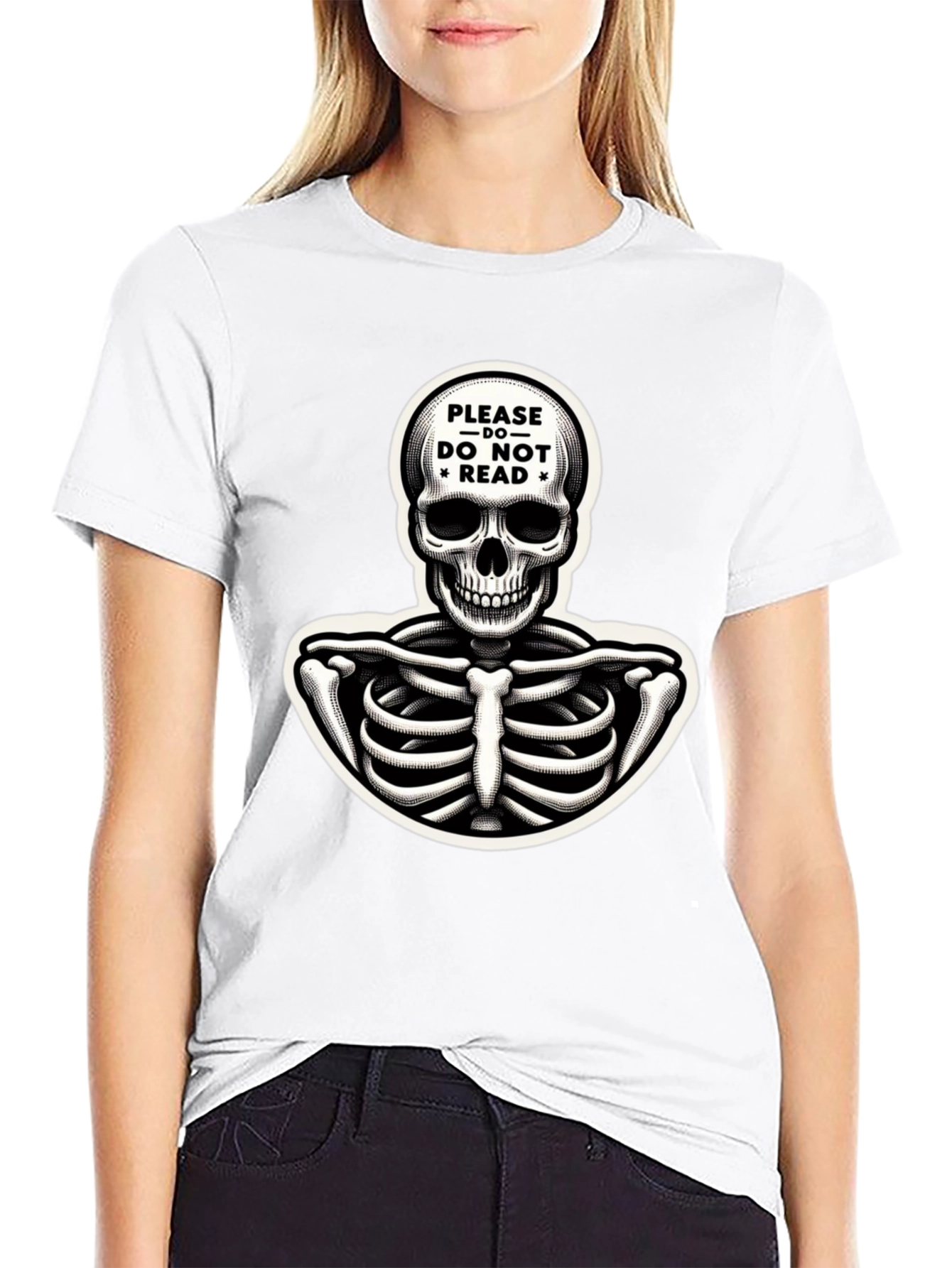 Black Humorous Skeleton Graphic Tee - "Please Do Not Read" view 9