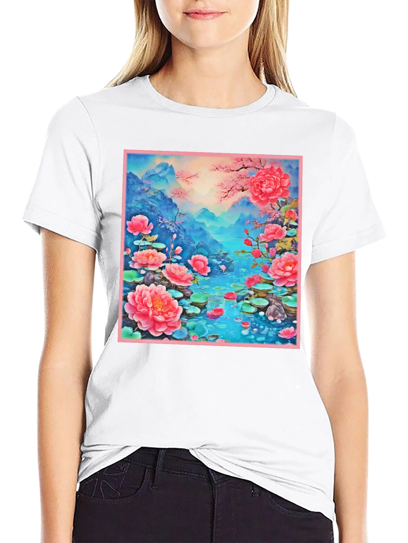Black Floral Lotus Lake Graphic Tee - Unique Design view 9