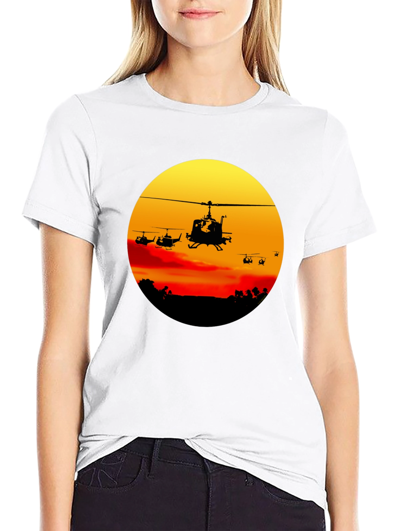 Black Retro Helicopter Sunset Graphic T-Shirt view 9