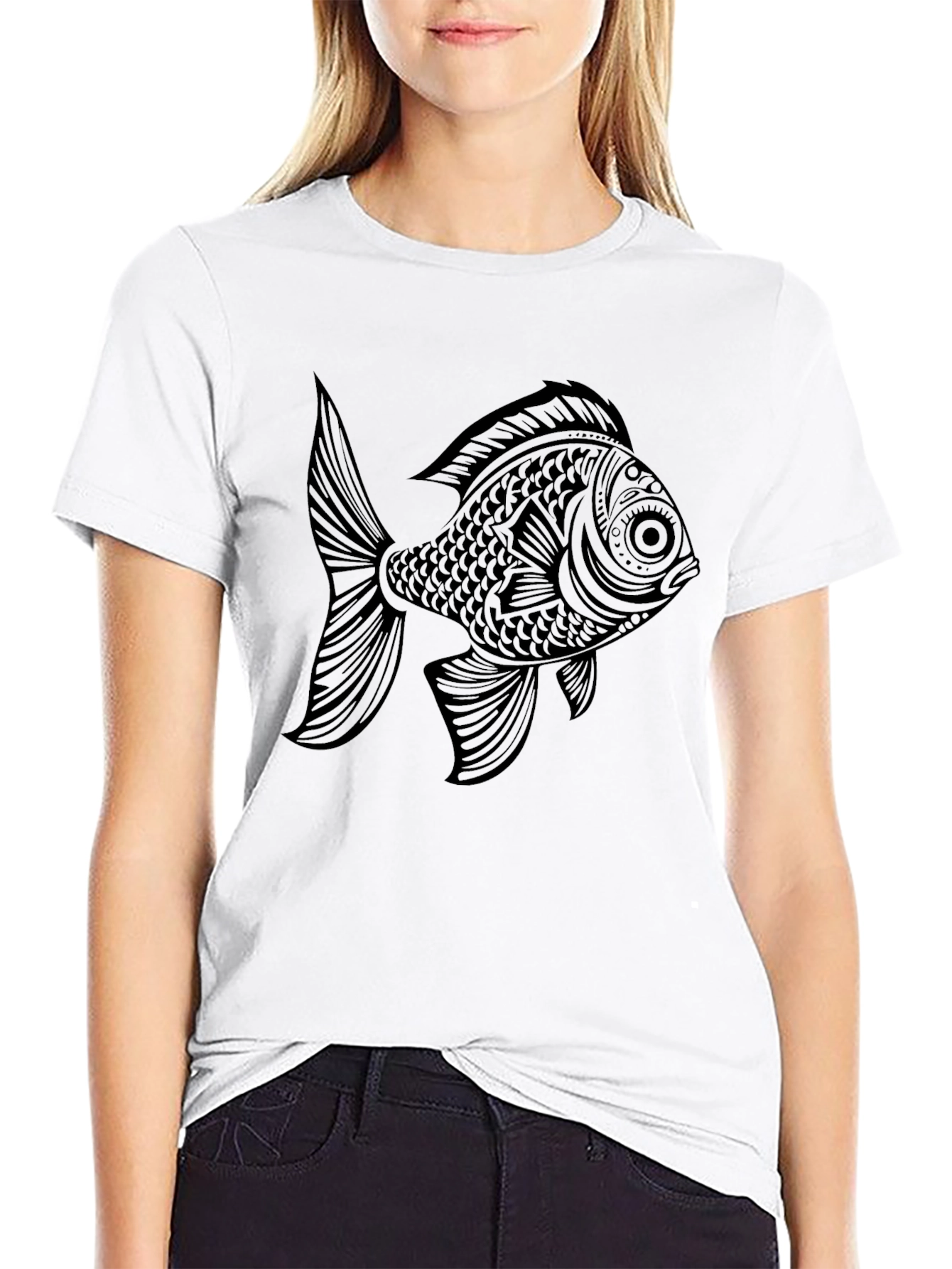 Black Black T-Shirt with Ornate Fish Graphic view 9