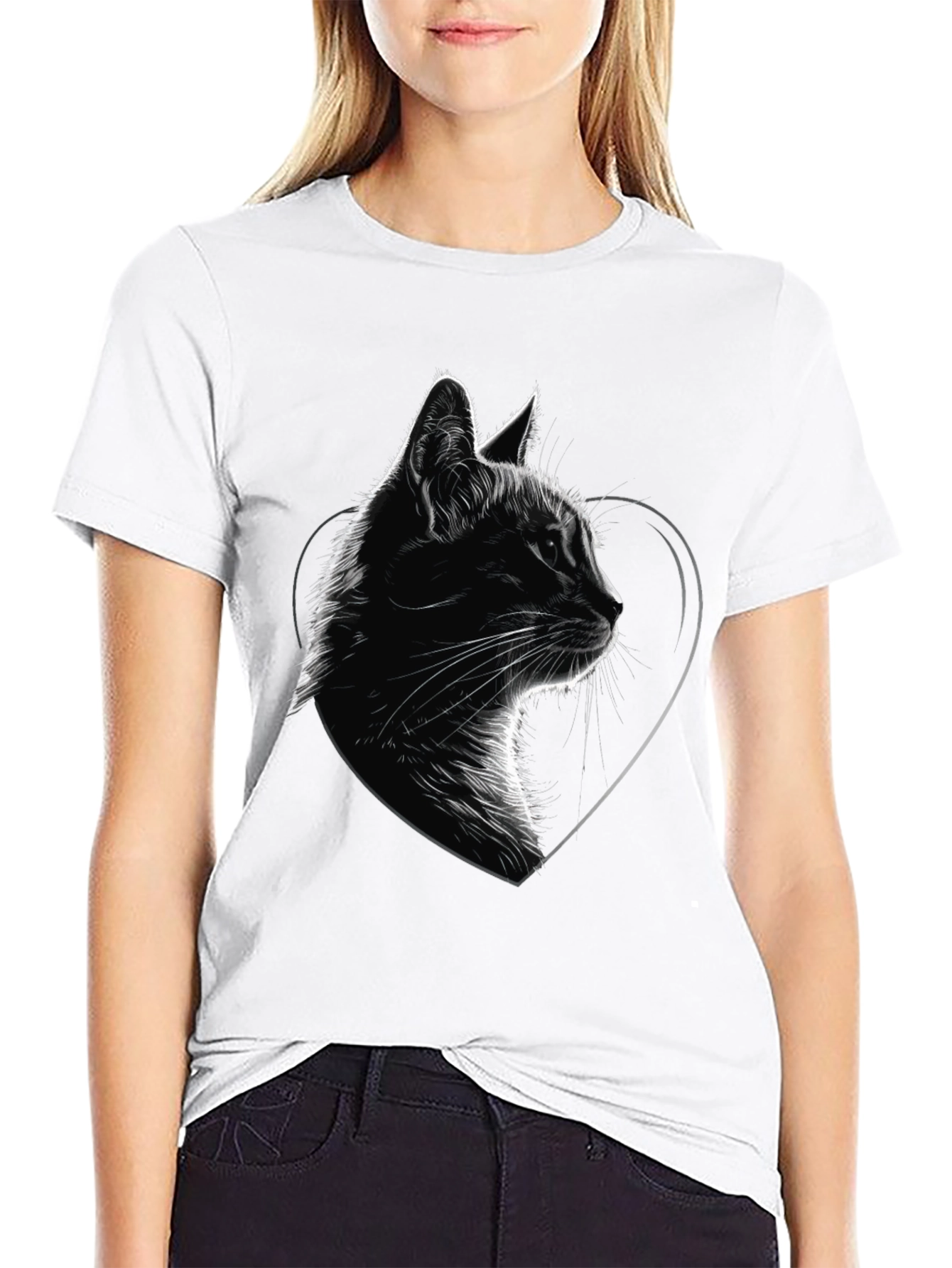 Black Cat Heart Graphic Tee - Black Cotton Blend T-Shirt view 9