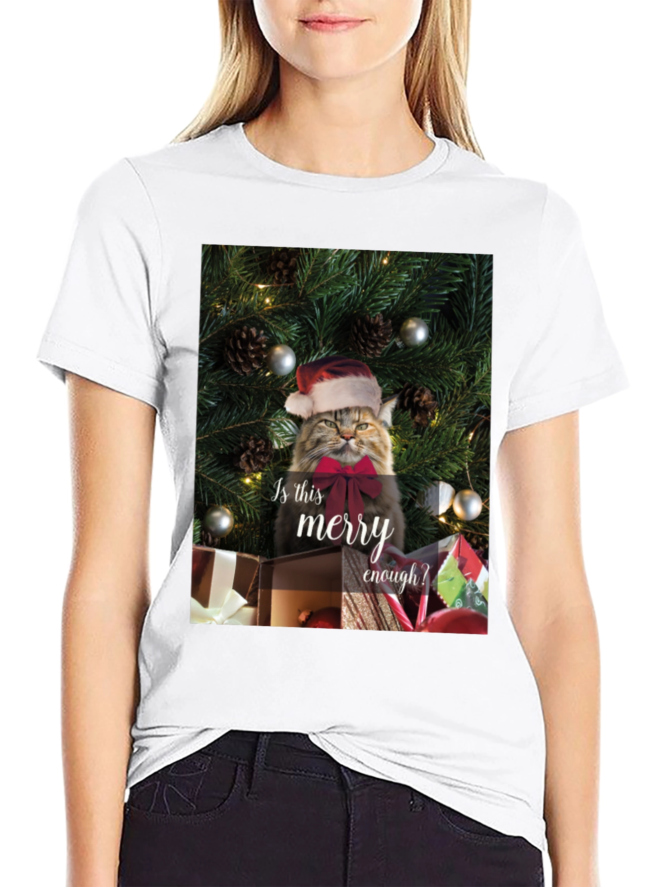 Black Merry Cat Christmas T-Shirt - Holiday Humor view 9