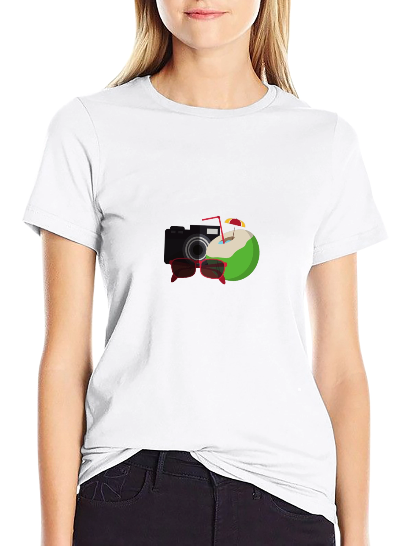Black Summer Vibes Black T-Shirt: Camera, Coconut, Sunglasses Graphic view 9