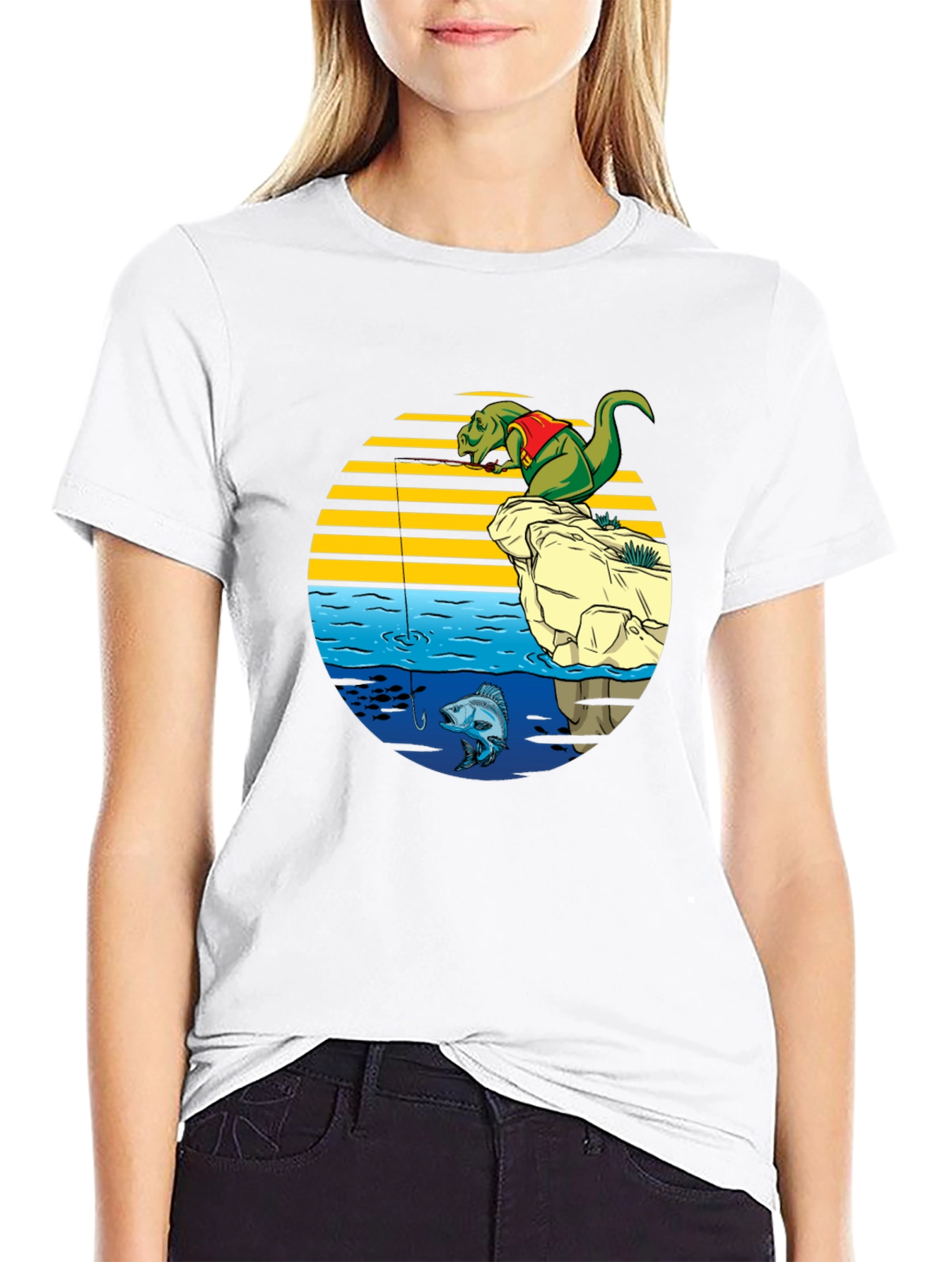 Black Dino Fishing Graphic T-Shirt - Fun Novelty Tee view 9